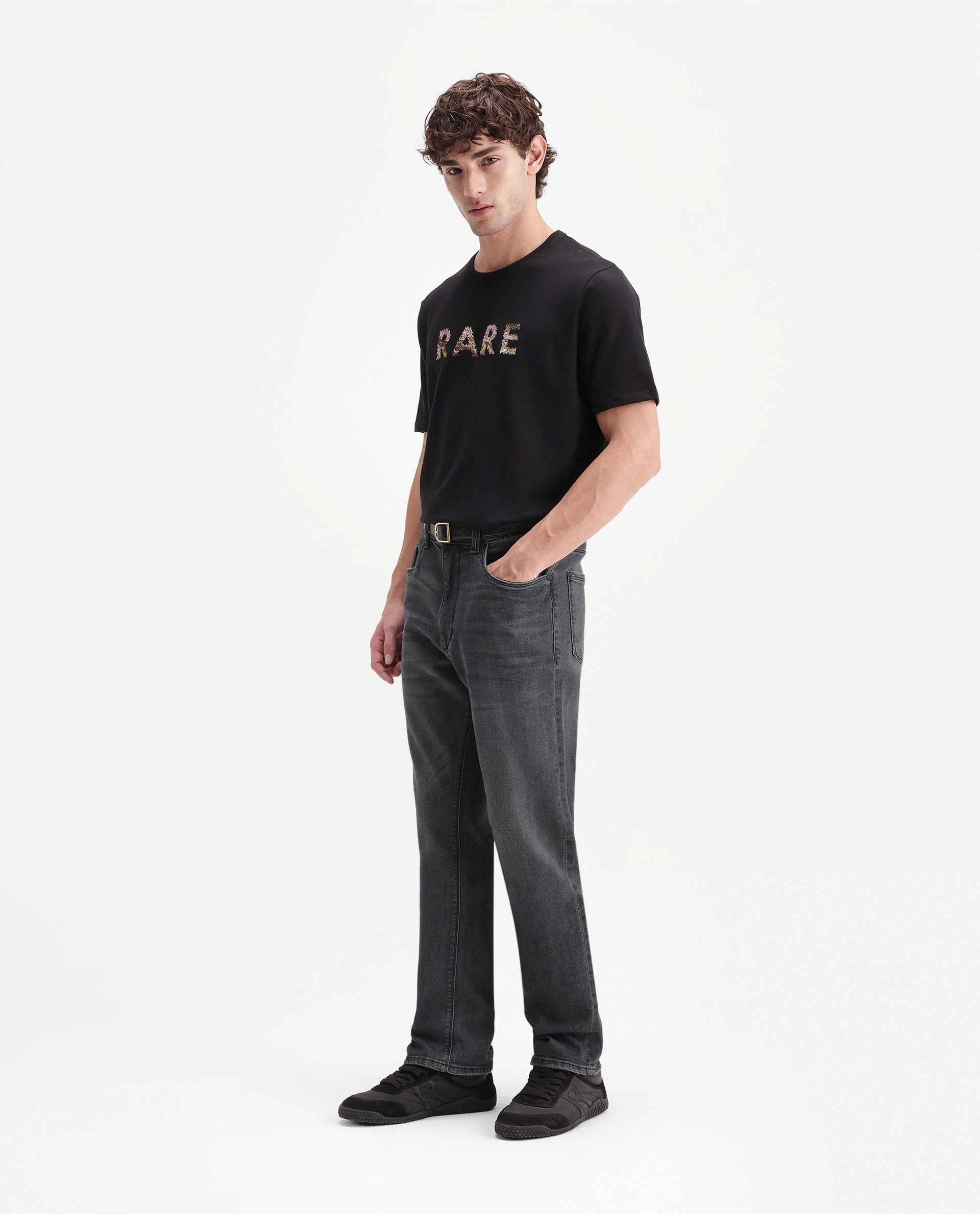 Rare Rabbit Men's Merg Dark Grey Cotton Blend Morris Regular Plain Jeans