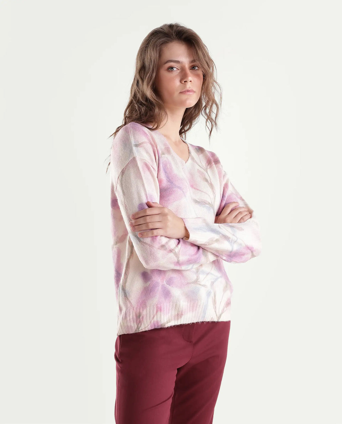 Rareism Women's Loer Light Multi Acrylic Blend Pull-On Relaxed Fit Floral Print Sweater