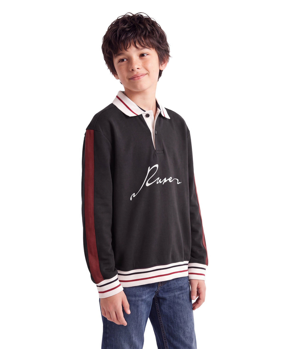 Rare Ones Kids Kitos Black Cotton Blend Fabric Spread Collar Button Closure Regular Fit Graphic Print Polo