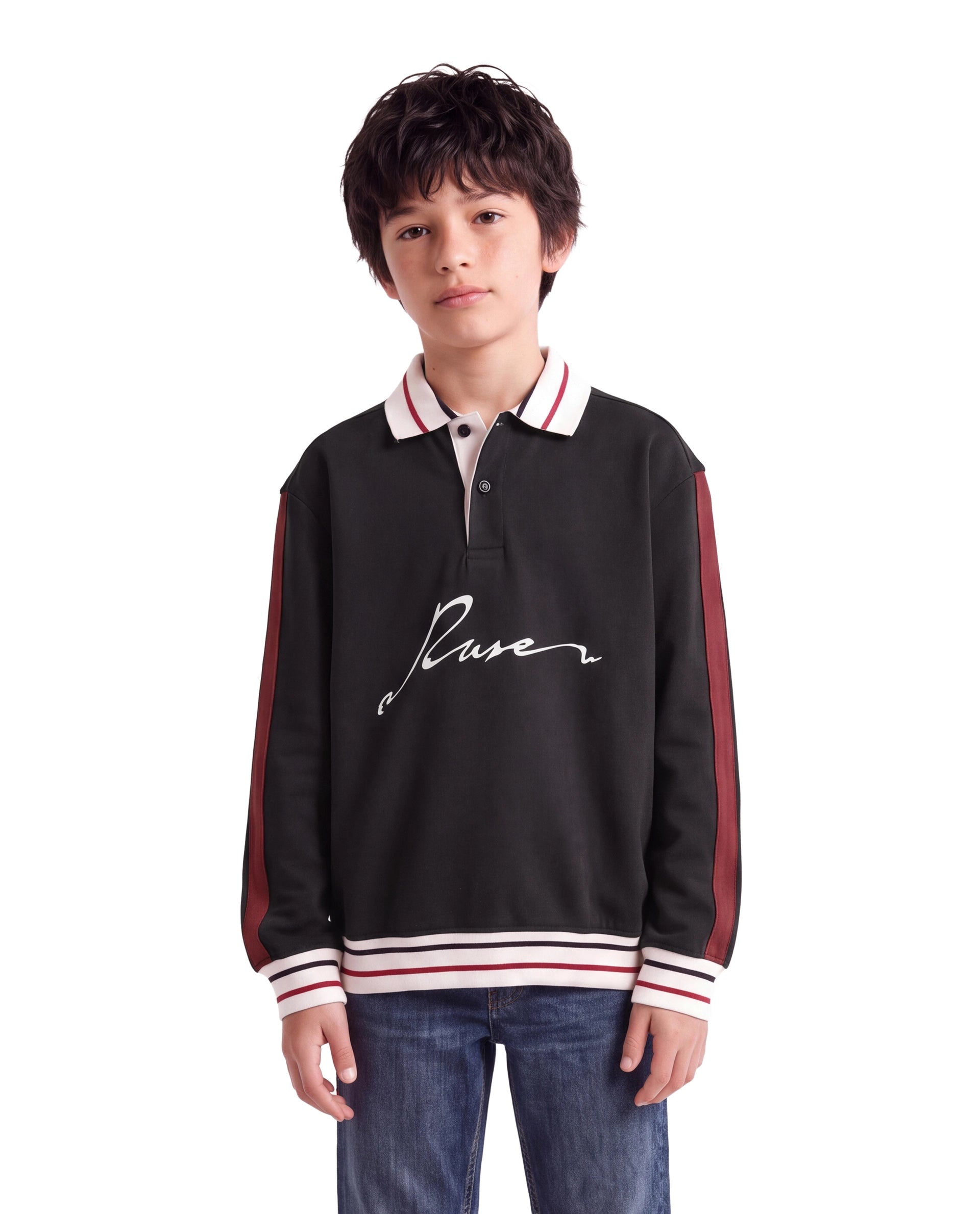 Rare Ones Kids Kitos Black Cotton Blend Fabric Spread Collar Button Closure Regular Fit Graphic Print Polo