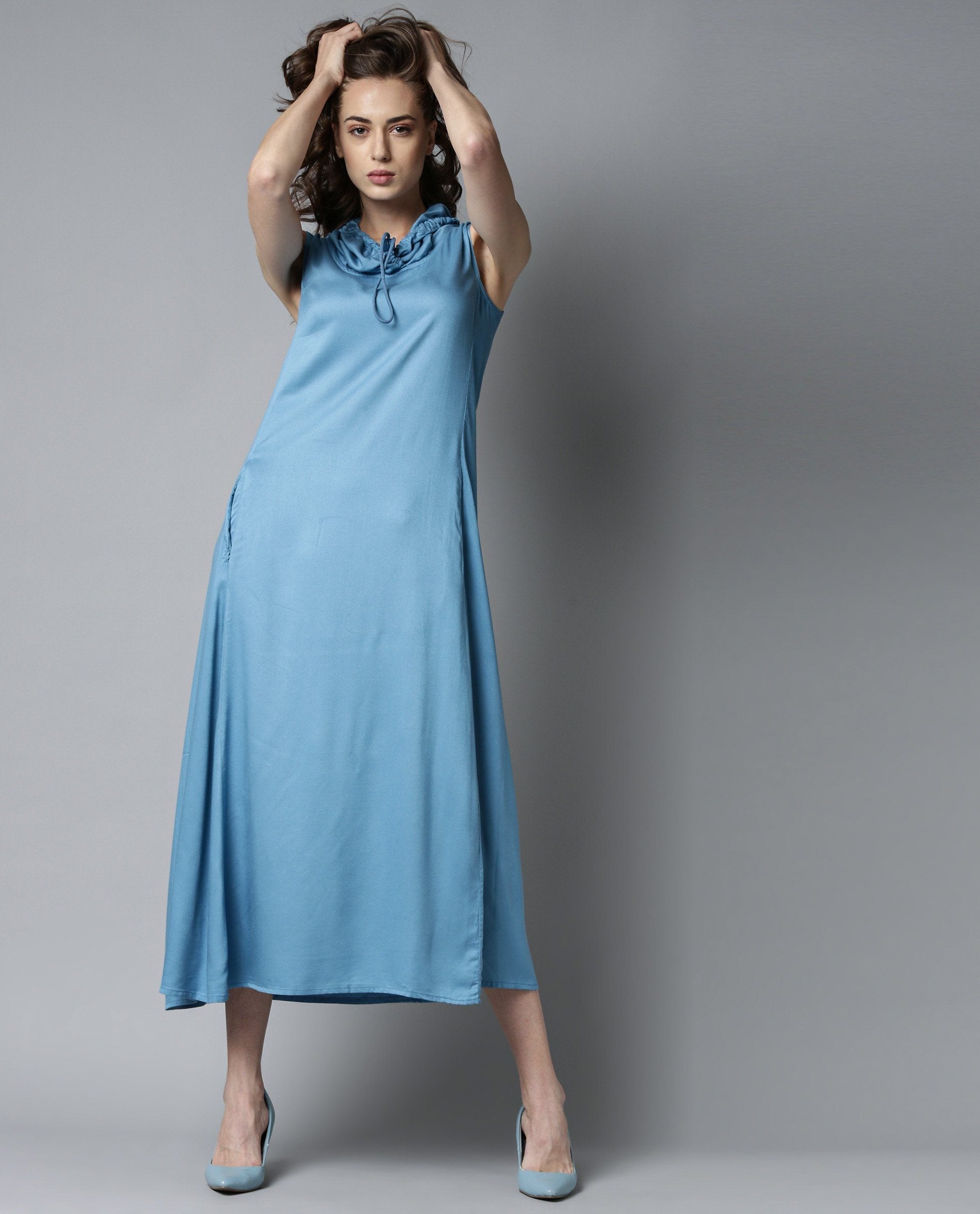 Rareism Womens Cruise Blue Dress Cotton Fabric Regular Fit Sleeveless Round Neck