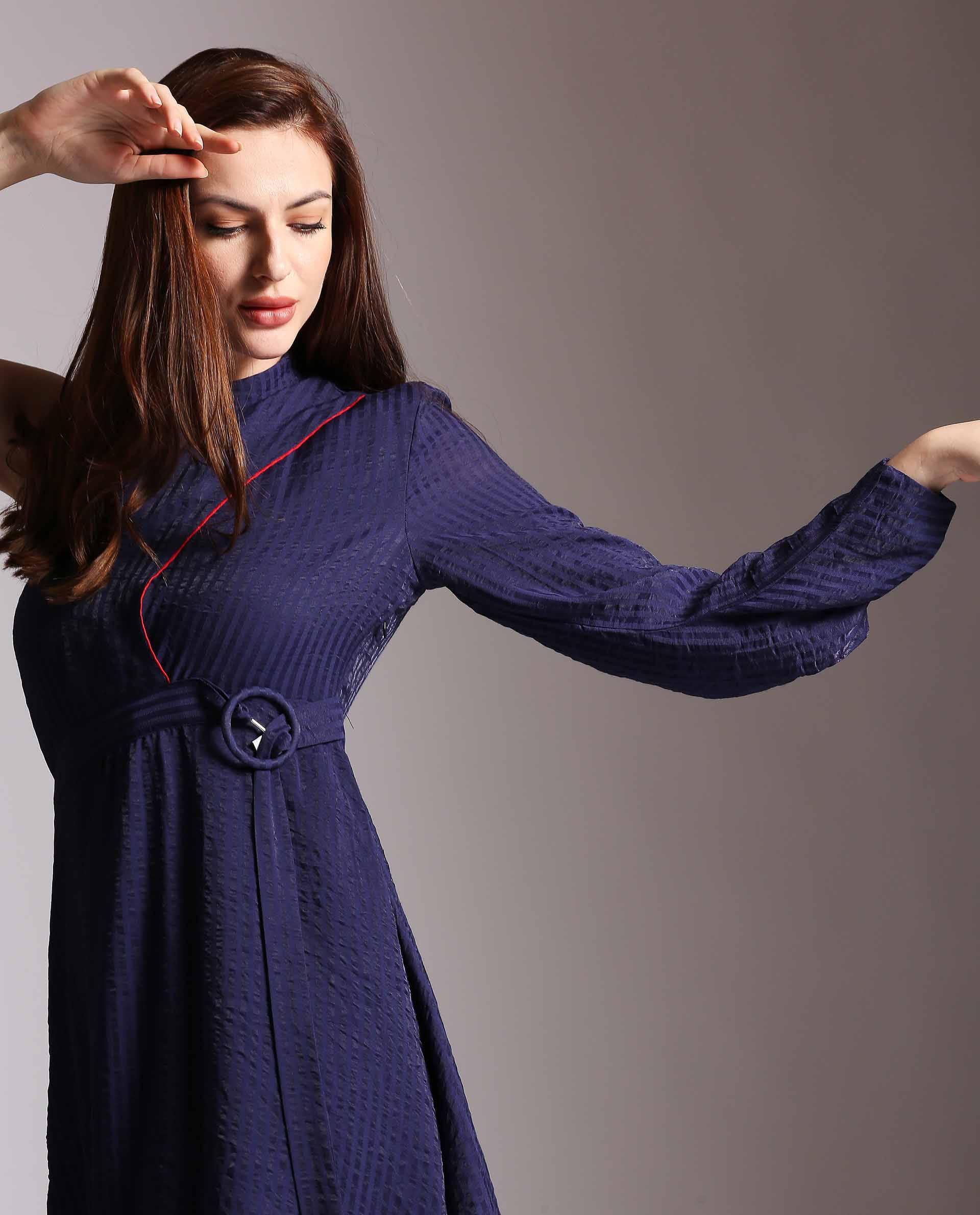 Rareism Women Carnival Navy One Shoulder Full Sleeve With Fabric Waist Belt Flared Knee Length Dress