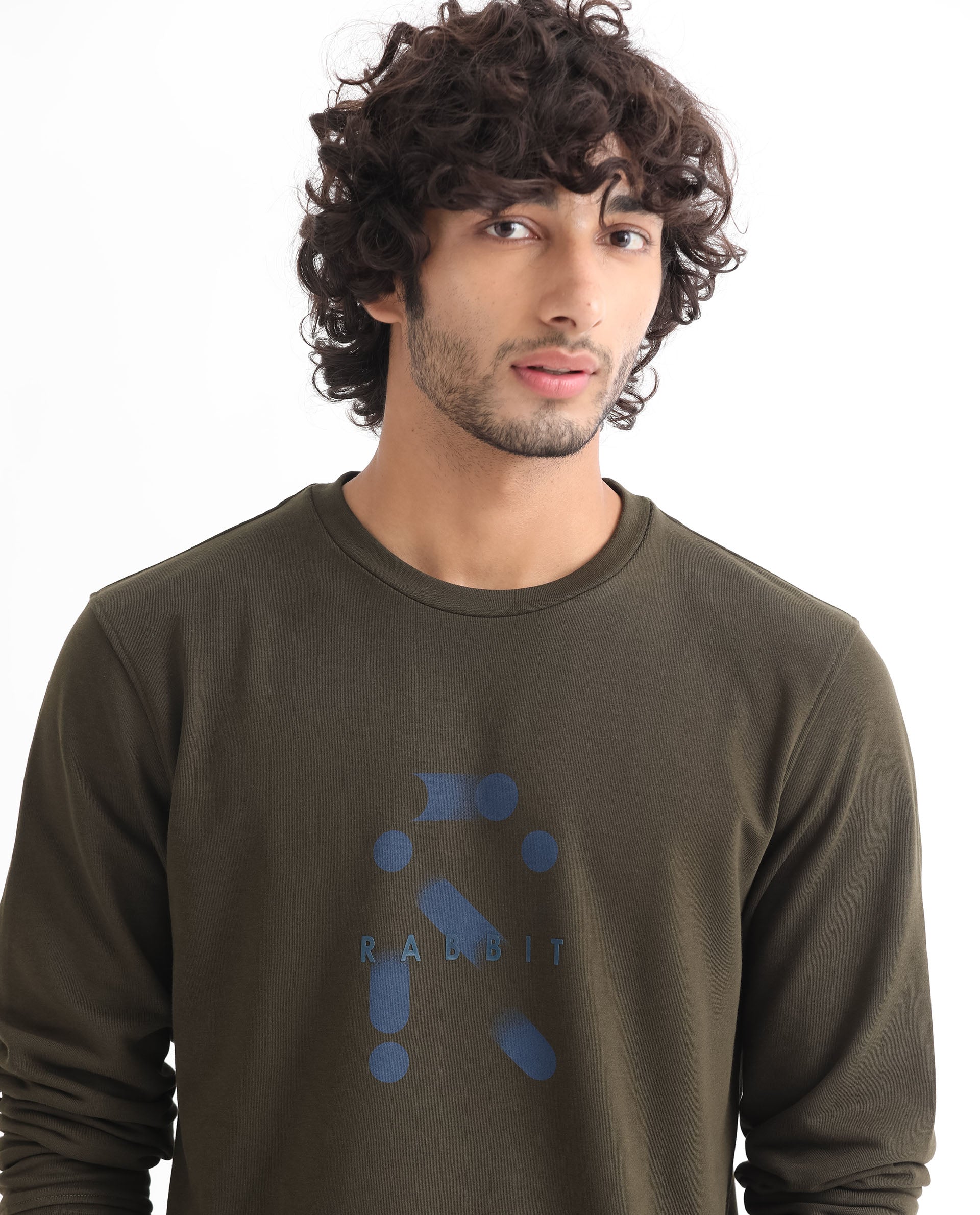 Rare Rabbit Men's Dunsto Olive Cotton Polyester Fabric Full Sleeves Graphic Print Knitted Sweatshirt