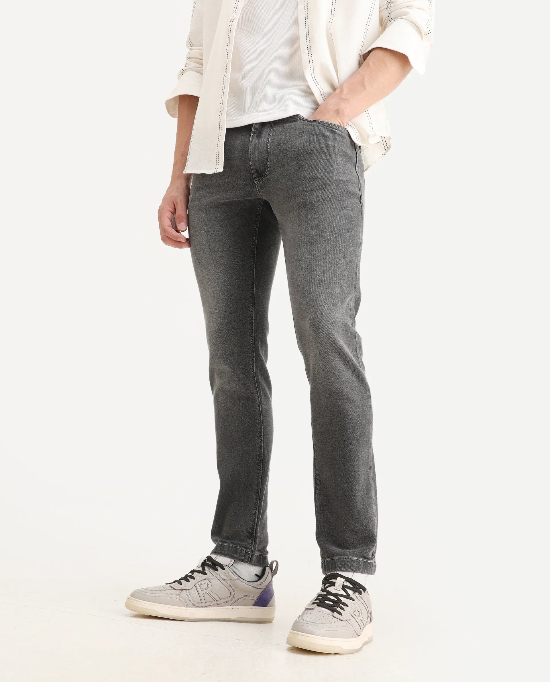 Rare Rabbit Men's Divi Light Grey Cotton Plain Hawk Slim Fit Jeans