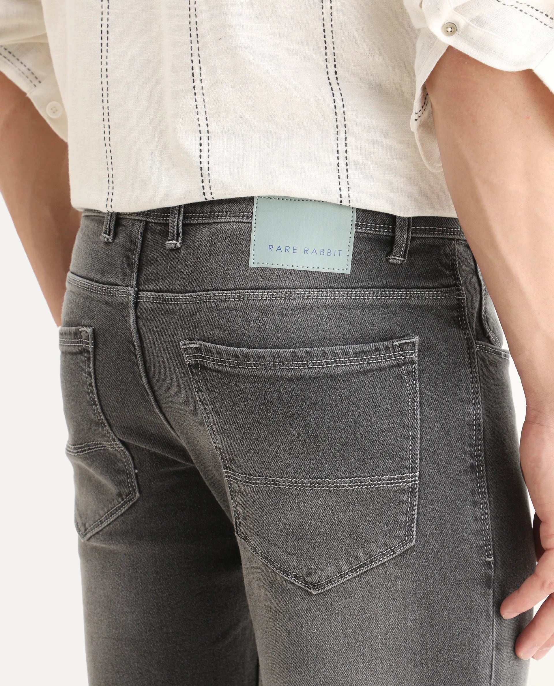 Rare Rabbit Men's Divi Light Grey Cotton Plain Hawk Slim Fit Jeans