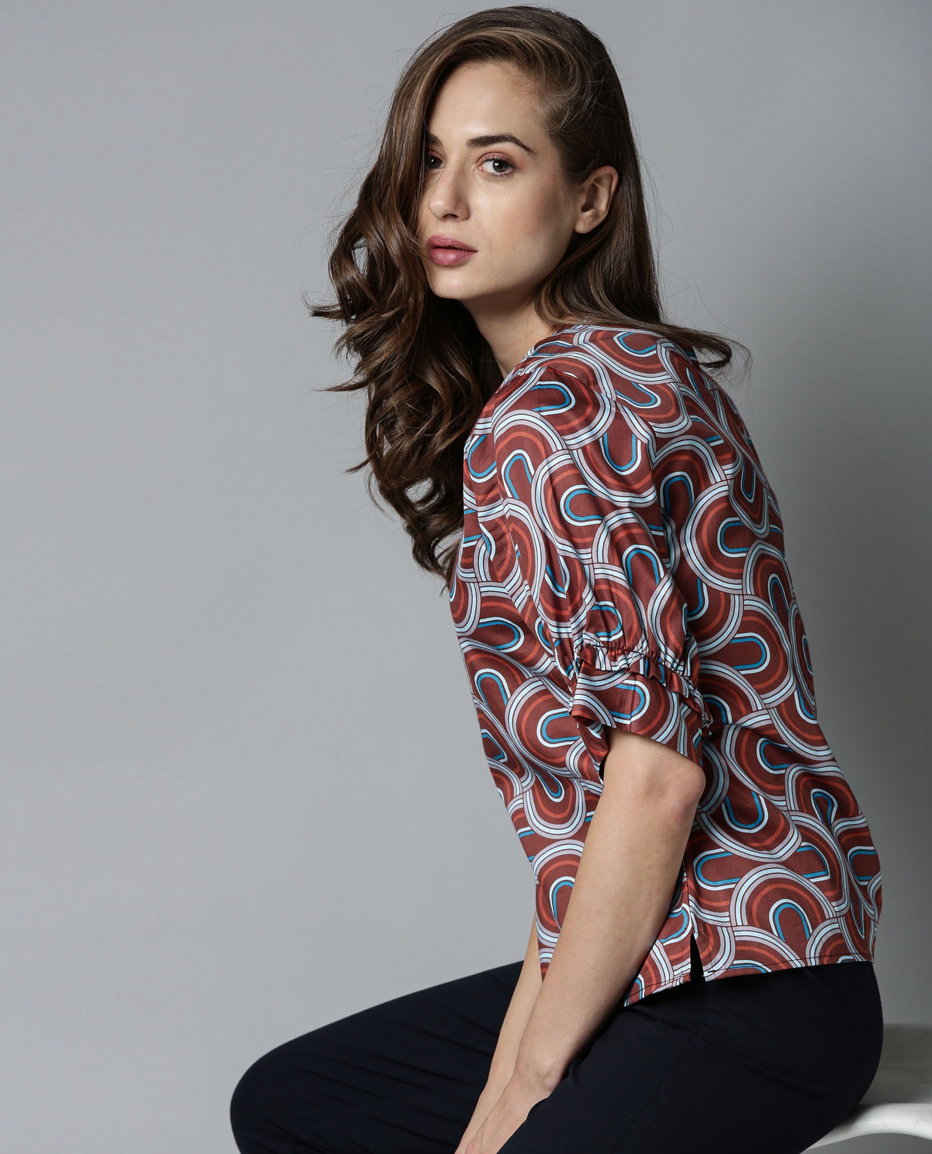 Rareism Women Jimmi Brown Cotton Fabric Regular Fit Round Neck Half Sleeves Print Top