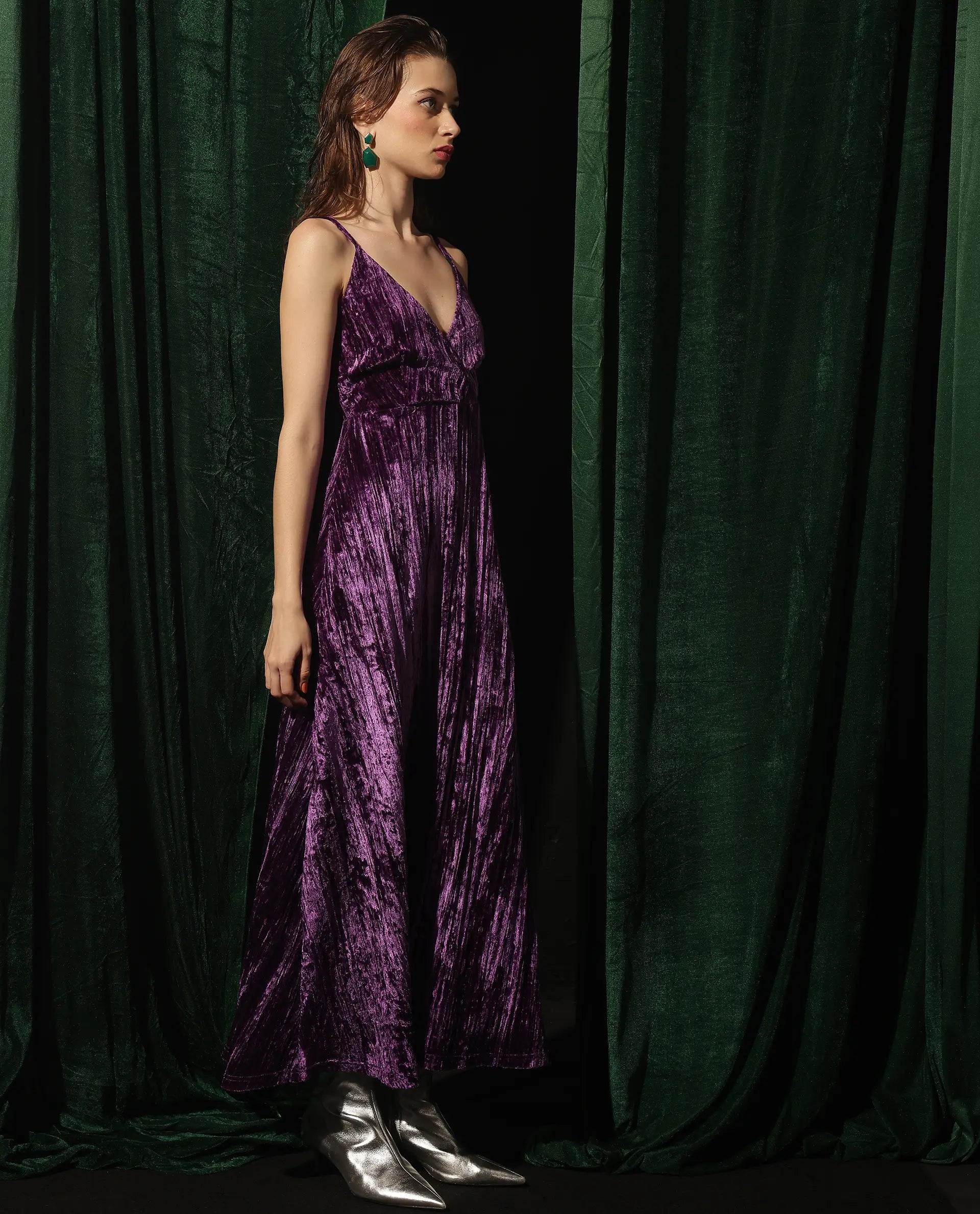 Rareism Women Harbo Purple Velvet Sleeveless Shoulder Straps Zipper Closure Fit And Flare Maxi Plain Dress