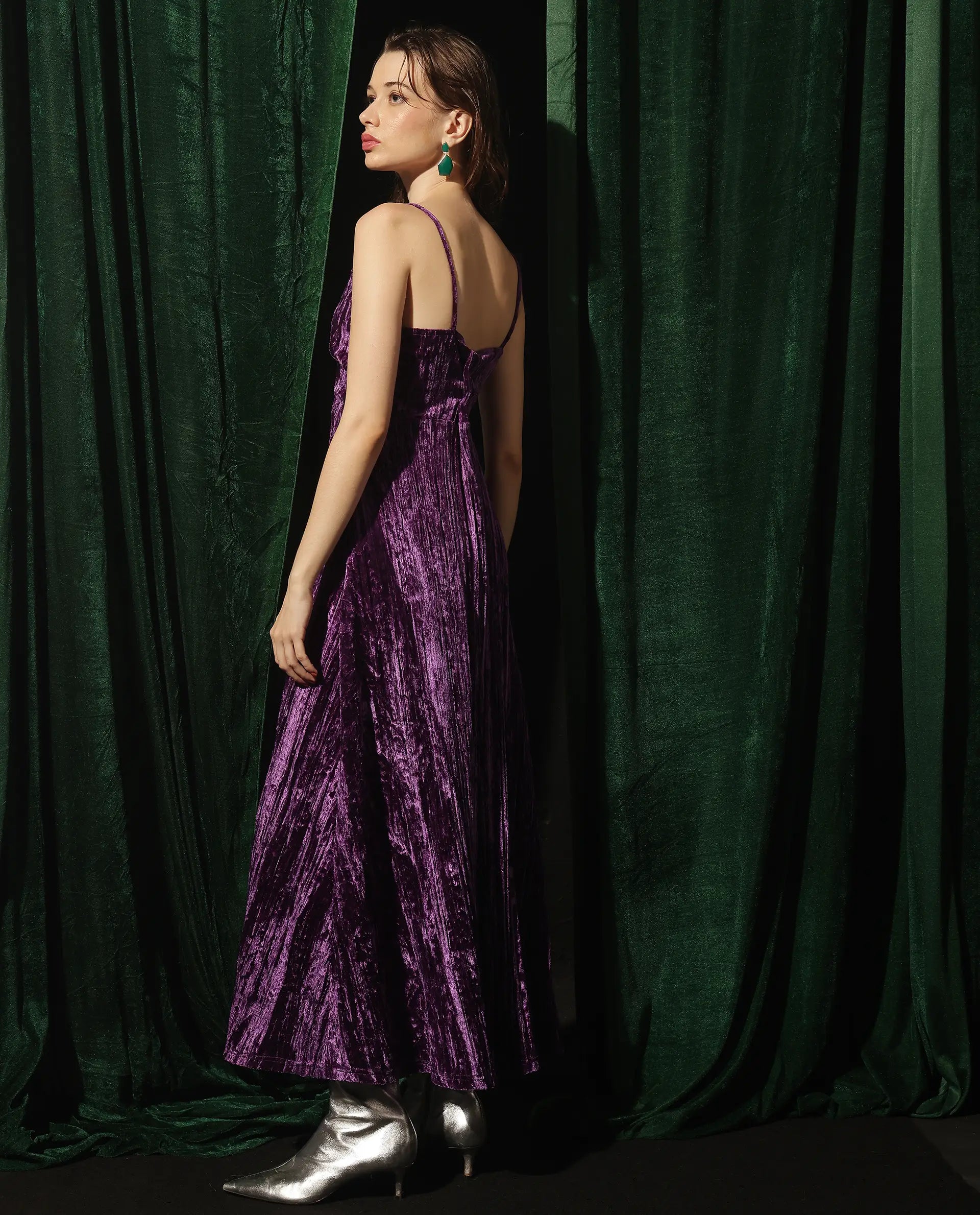 Rareism Women Harbo Purple Velvet Sleeveless Shoulder Straps Zipper Closure Fit And Flare Maxi Plain Dress