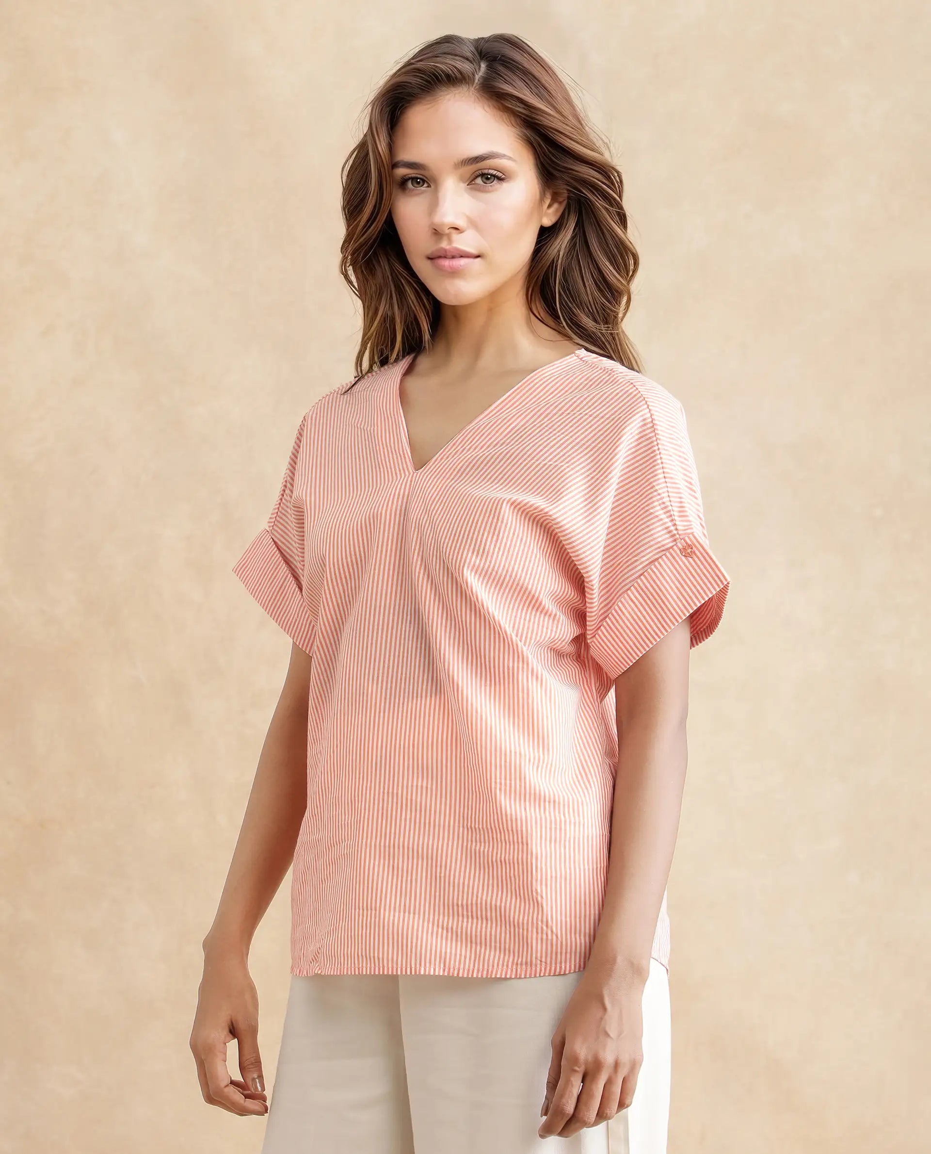 Rareism Women's Abdoo Orange V-Neck Striped Extended Sleeves Relaxed Fit Top