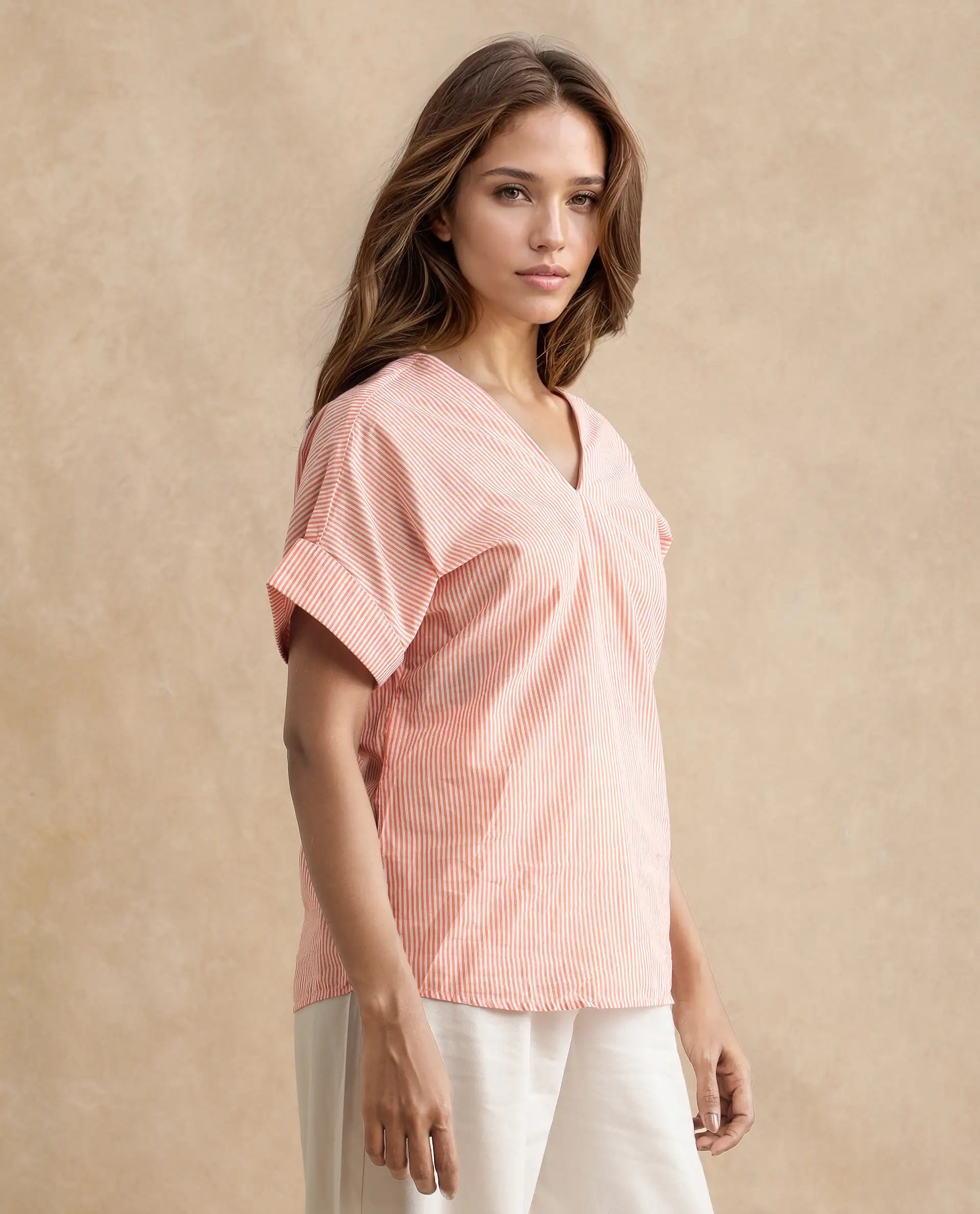 Rareism Women's Abdoo Orange V-Neck Striped Extended Sleeves Relaxed Fit Top