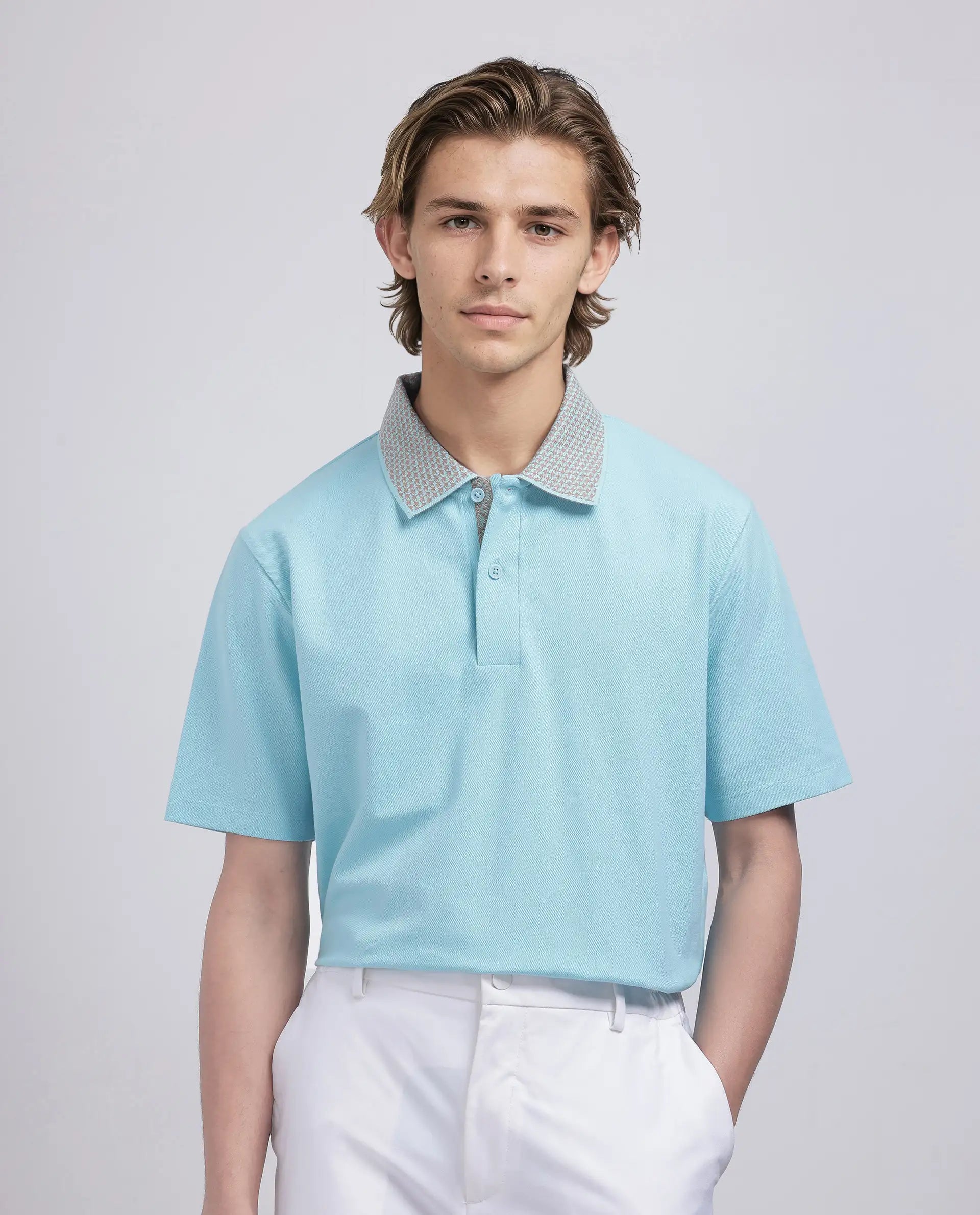 Rare Rabbit Men Abit Light Blue Cotton Blend Fabric Short Sleeve Collared Neck Button Closure Plain Polo