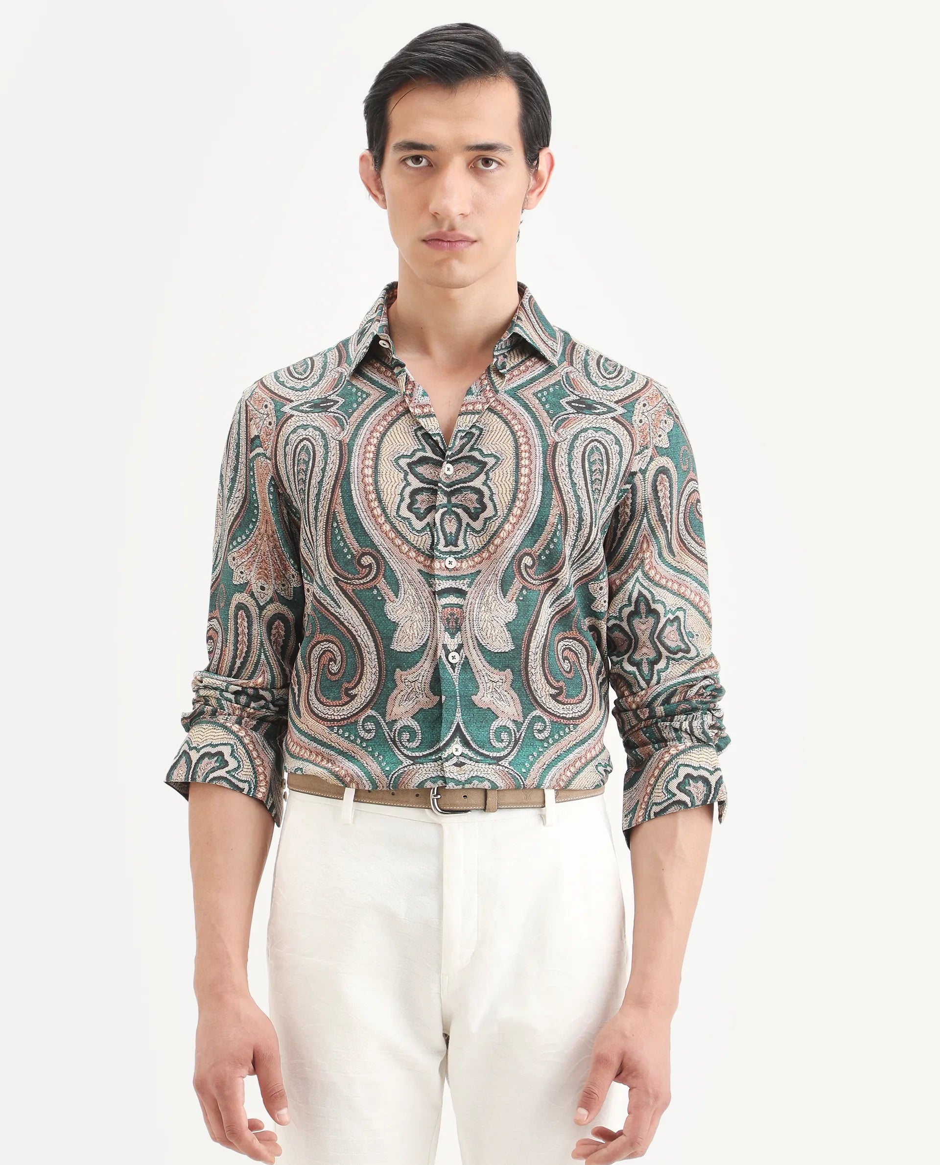 Rare Rabbit Men's Abro Dusky Green Linen Blend Fabric Full Sleeve Spread Collar Regular Fit Paisley Print Shirt