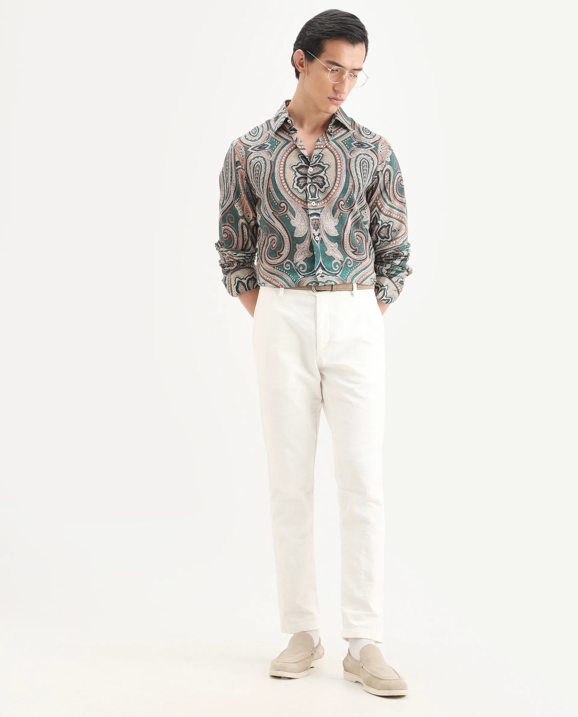 Rare Rabbit Men's Abro Dusky Green Linen Blend Fabric Full Sleeve Spread Collar Regular Fit Paisley Print Shirt