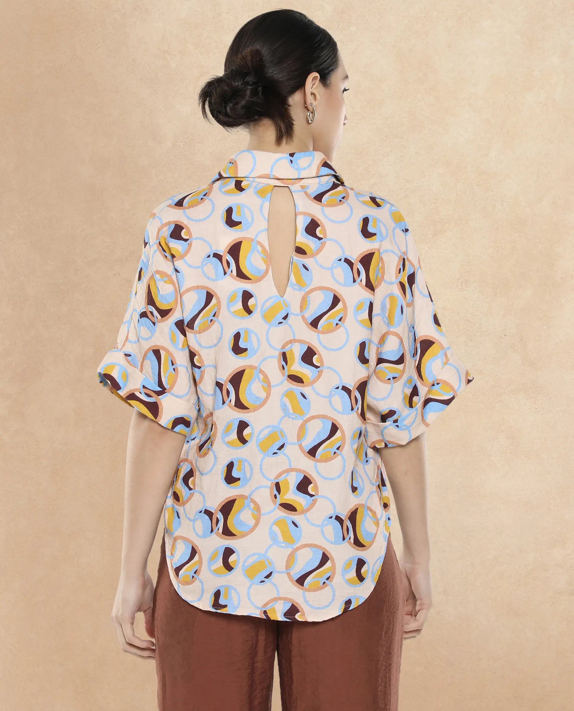 Rareism Women Abuto-T Light Multi Short Sleeve Collared Neck Button Closure Abstract Print Shirt