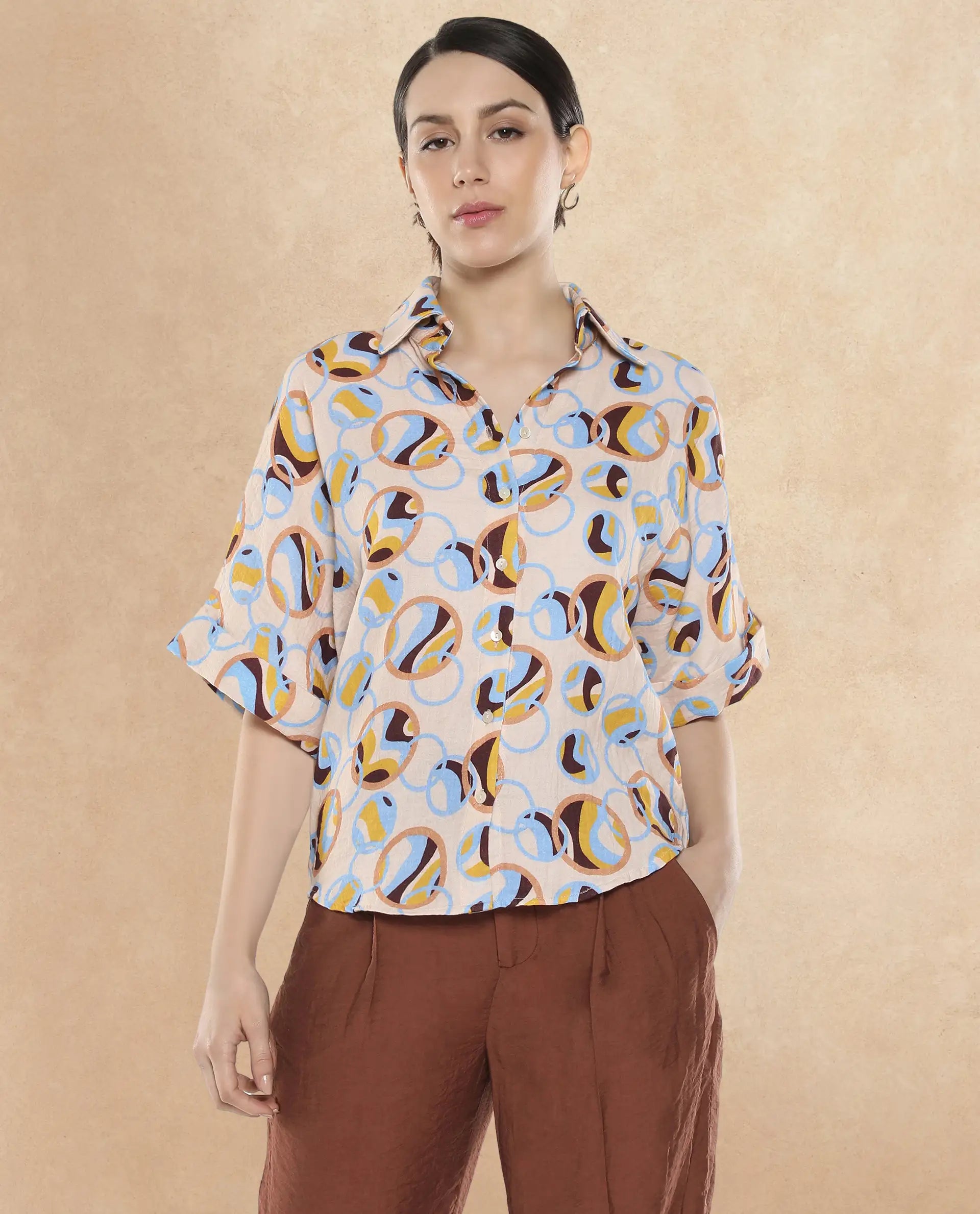 Rareism Women Abuto-T Light Multi Short Sleeve Collared Neck Button Closure Abstract Print Shirt