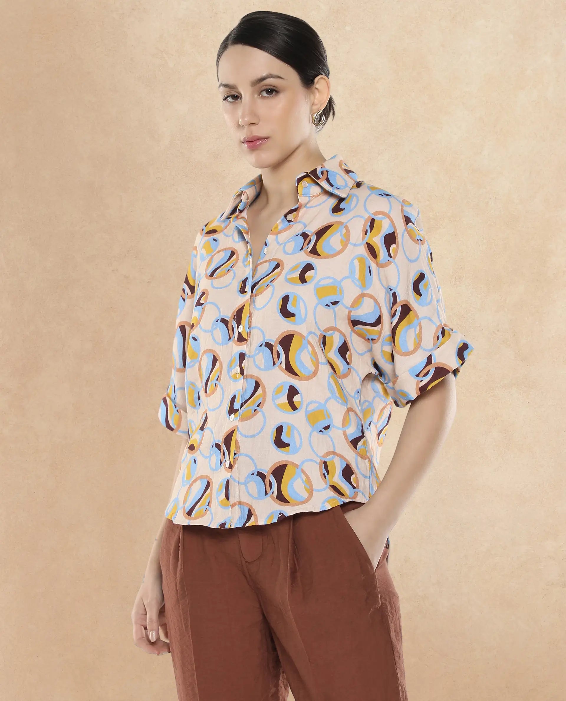 Rareism Women Abuto-T Light Multi Short Sleeve Collared Neck Button Closure Abstract Print Shirt