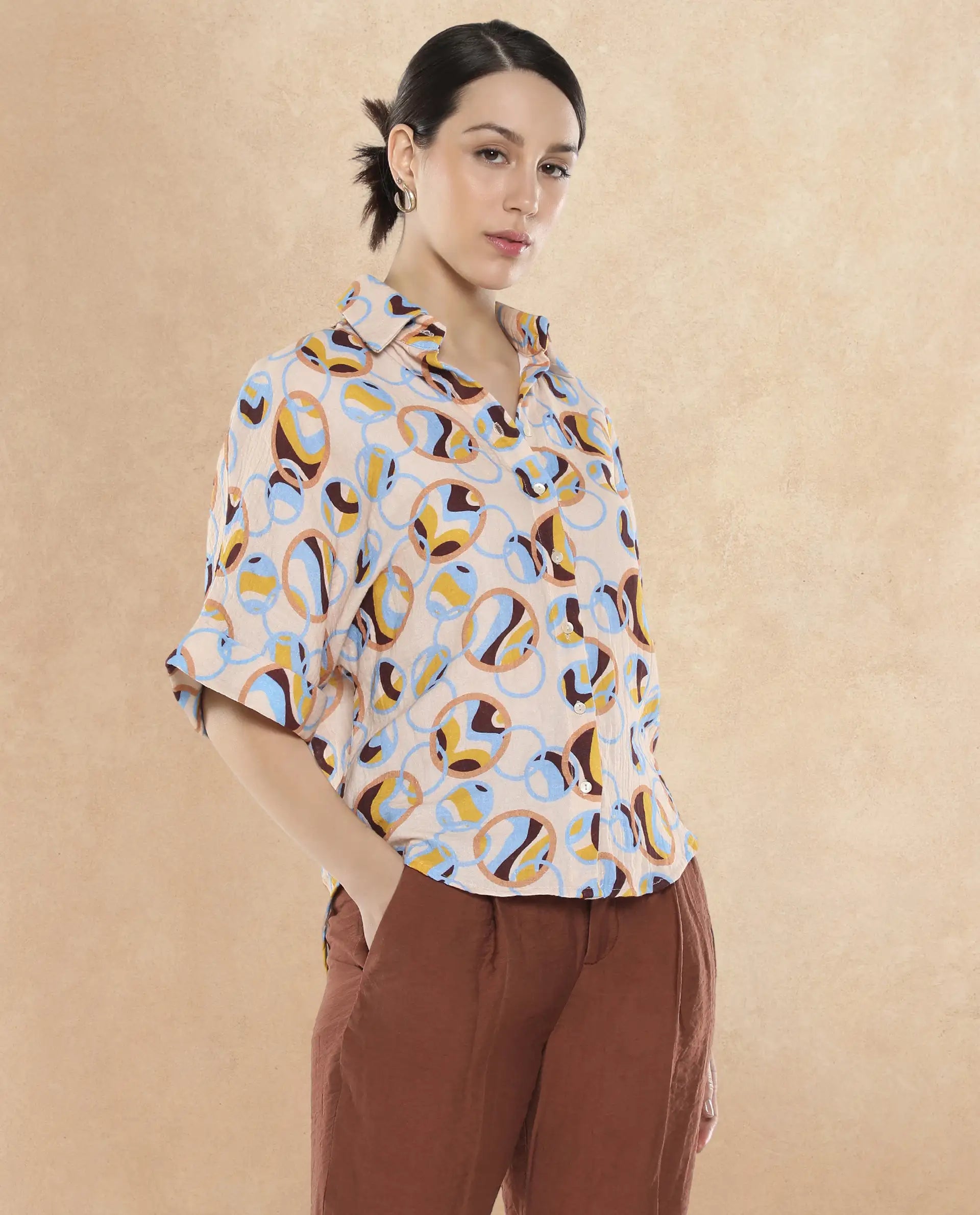 Rareism Women Abuto-T Light Multi Short Sleeve Collared Neck Button Closure Abstract Print Shirt