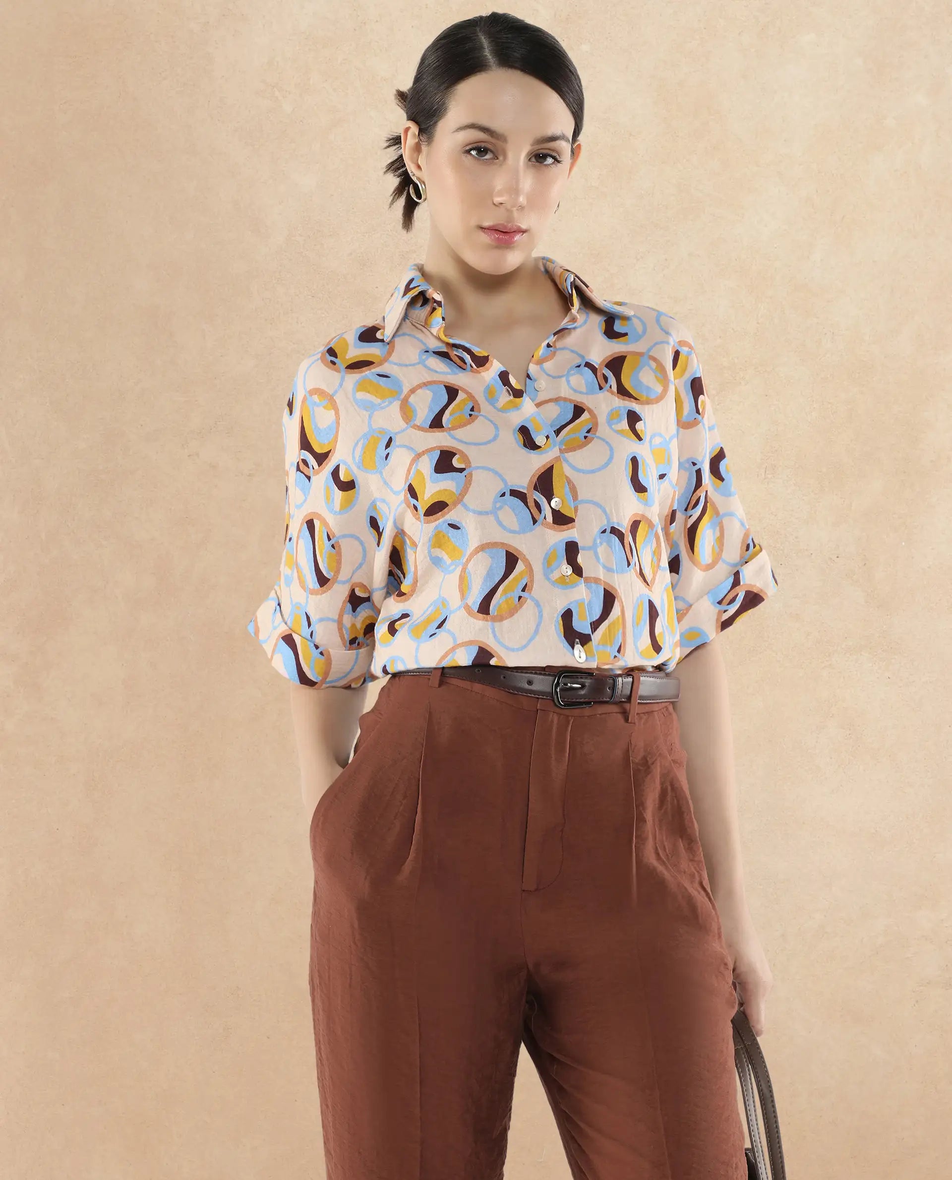 Rareism Women Abuto-T Light Multi Short Sleeve Collared Neck Button Closure Abstract Print Shirt