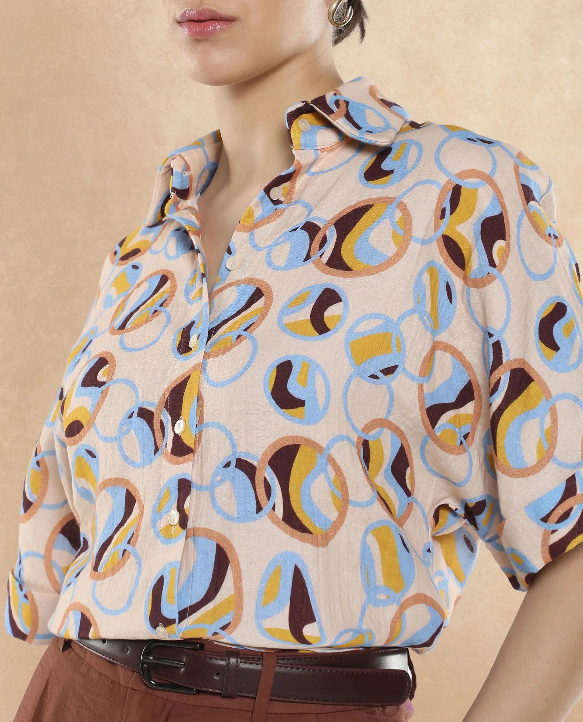 Rareism Women Abuto-T Light Multi Short Sleeve Collared Neck Button Closure Abstract Print Shirt