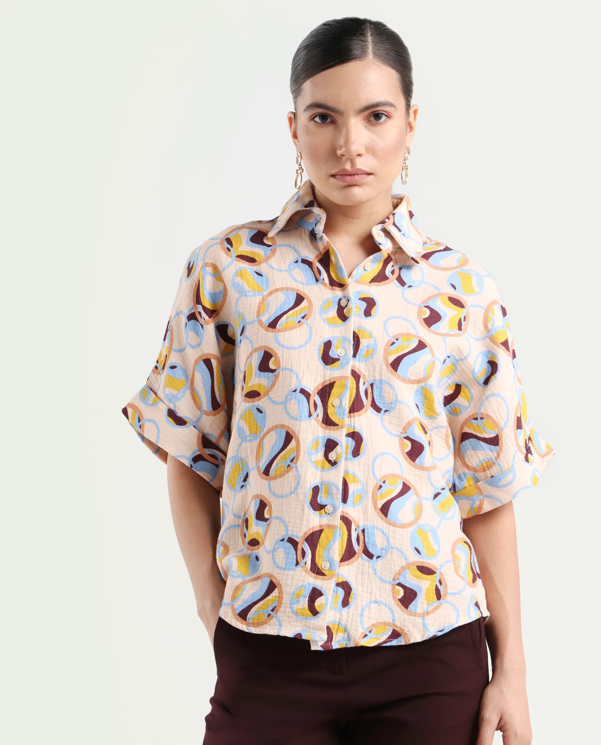 Rareism Women's Abuto-T Light Multi Cotton Drop Collar Abstract Print Extended Sleeves Regular Fit Shirt