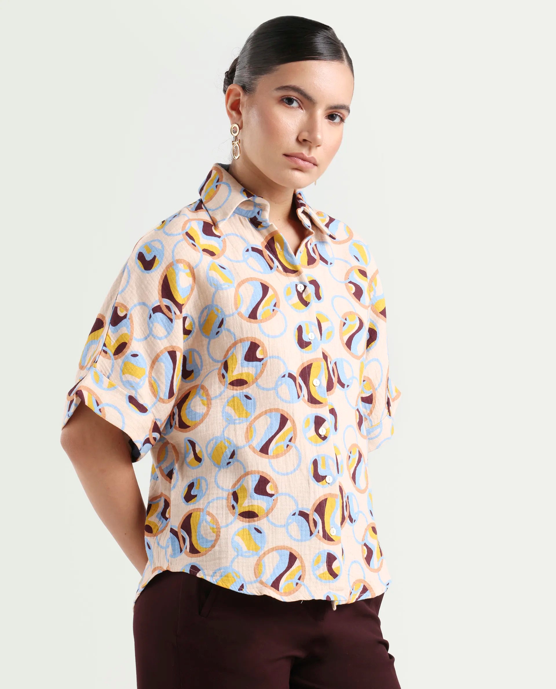 Rareism Women's Abuto-T Light Multi Cotton Drop Collar Abstract Print Extended Sleeves Regular Fit Shirt