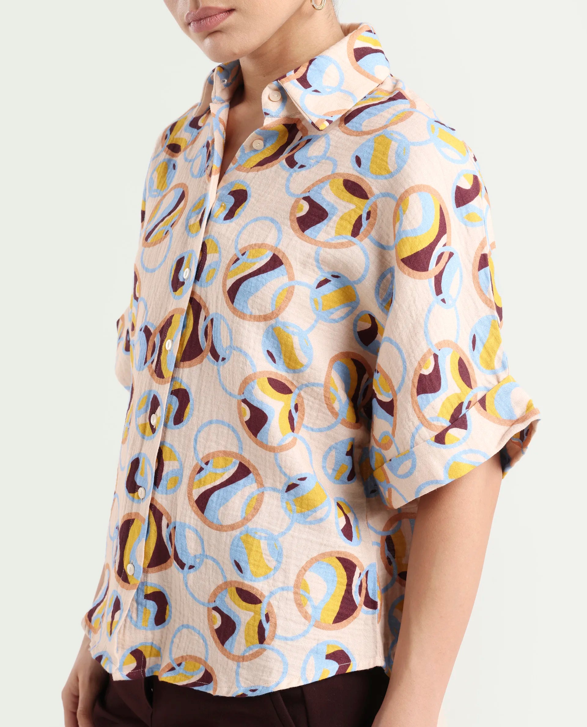 Rareism Women's Abuto-T Light Multi Cotton Drop Collar Abstract Print Extended Sleeves Regular Fit Shirt