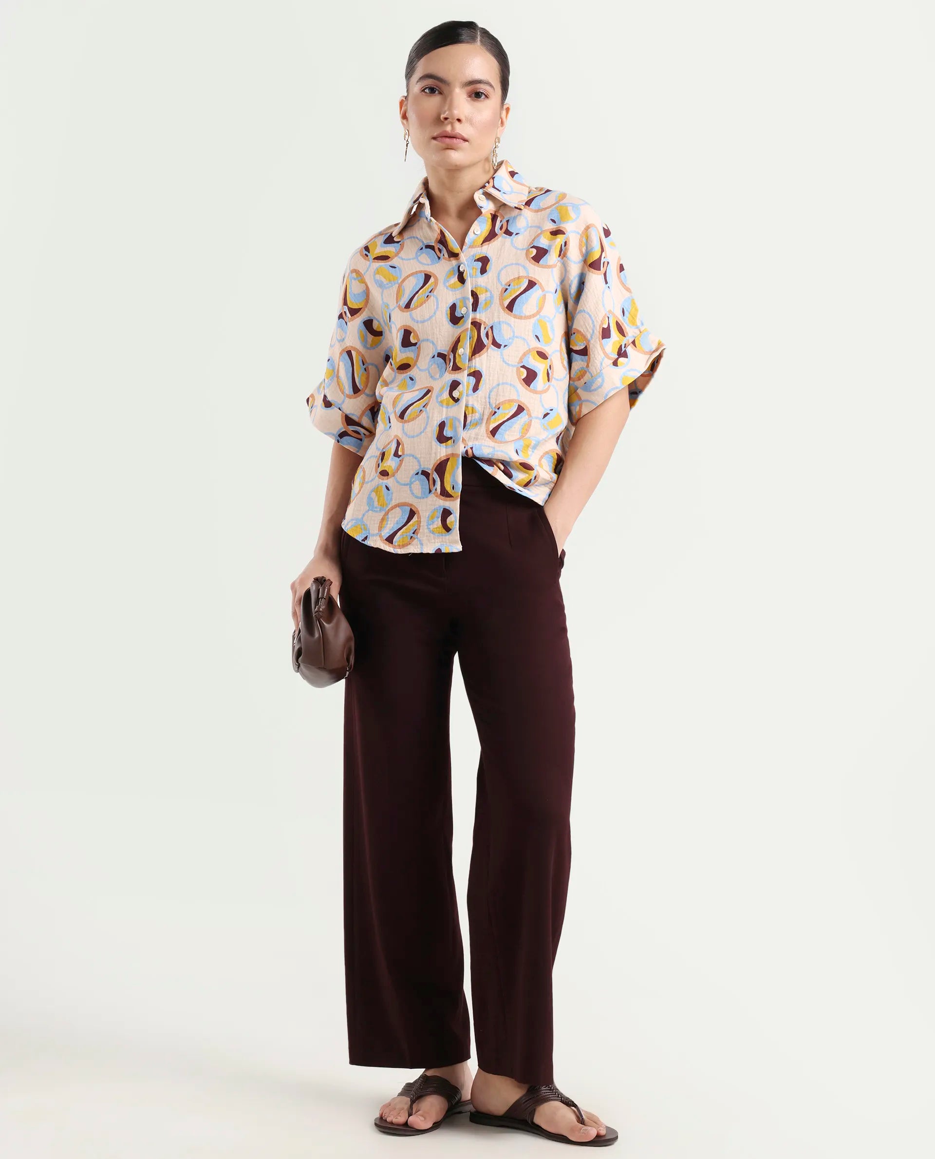 Rareism Women's Abuto-T Light Multi Cotton Drop Collar Abstract Print Extended Sleeves Regular Fit Shirt