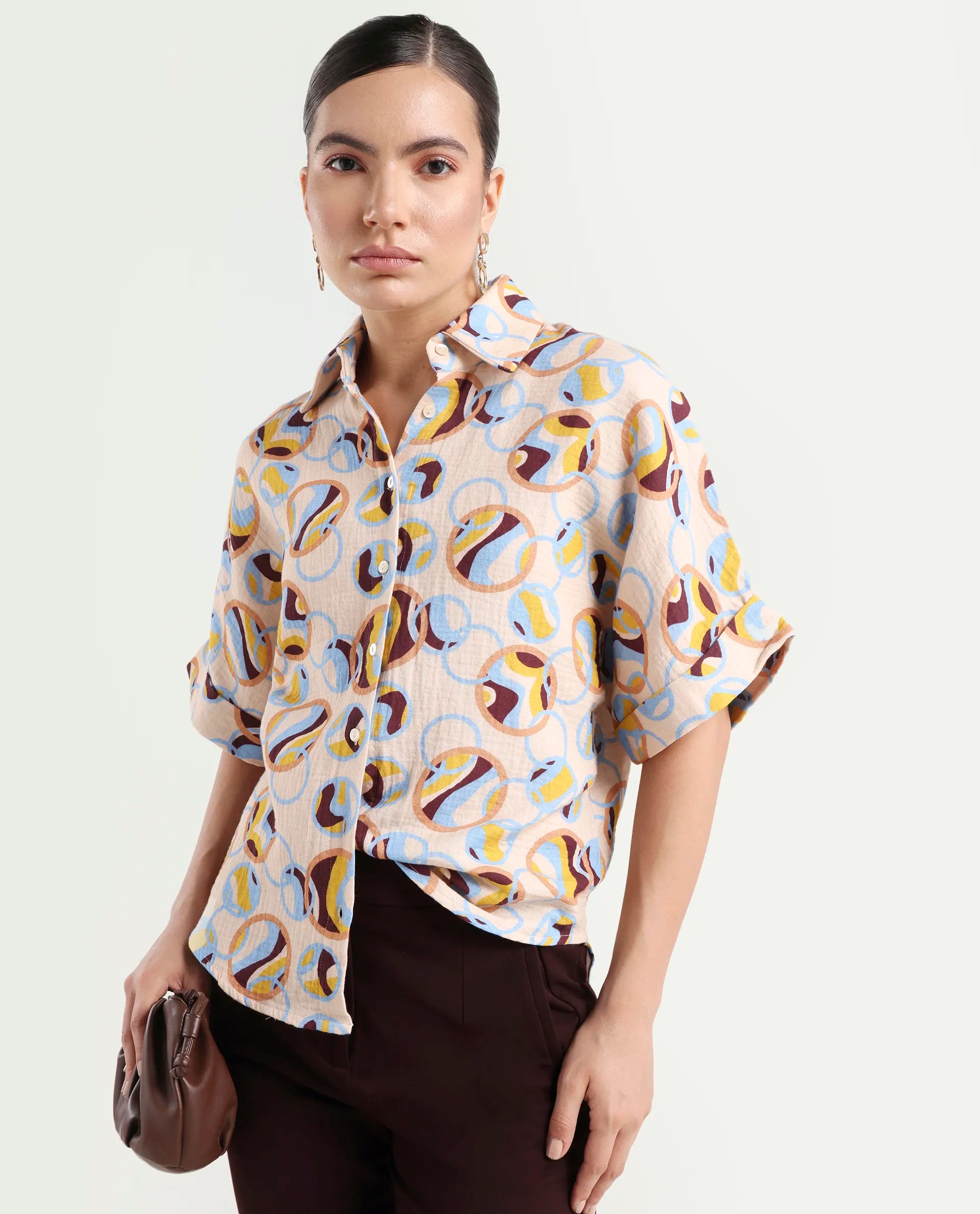 Rareism Women's Abuto-T Light Multi Cotton Drop Collar Abstract Print Extended Sleeves Regular Fit Shirt