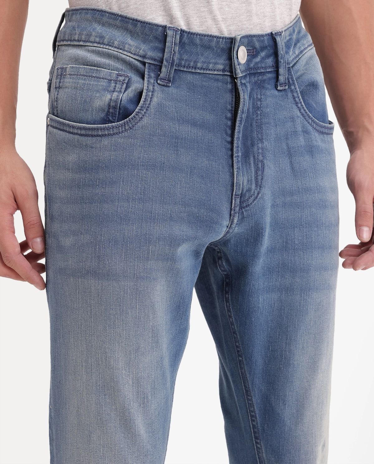 Rare Rabbit Men's Aby 26 Dusky Blue Cotton Blend Hawk Slim Plain Jeans