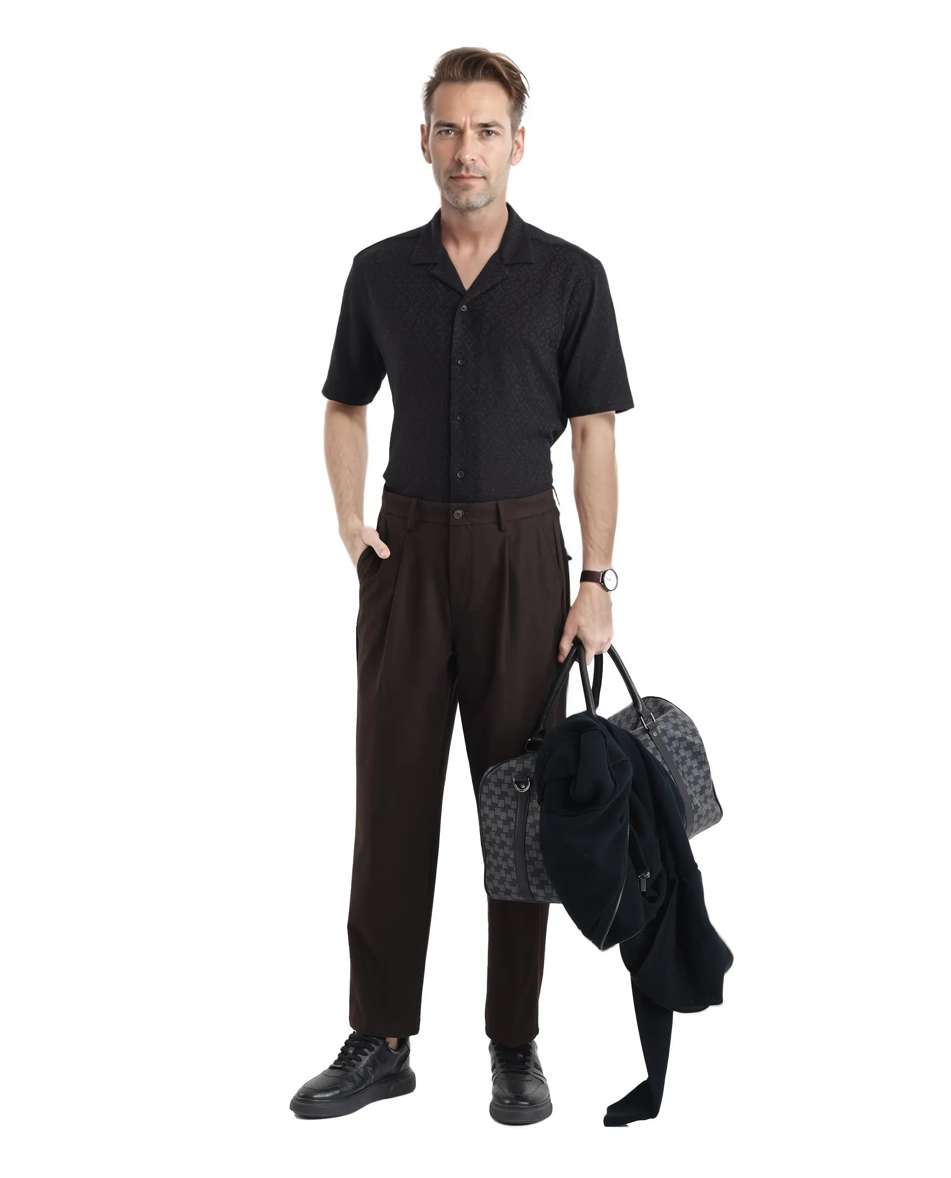 Rare Rabbit Men Accra Black Cotton Poly Blend Fabric Cuban Collar Short Sleeve Boxy Fit Shirt