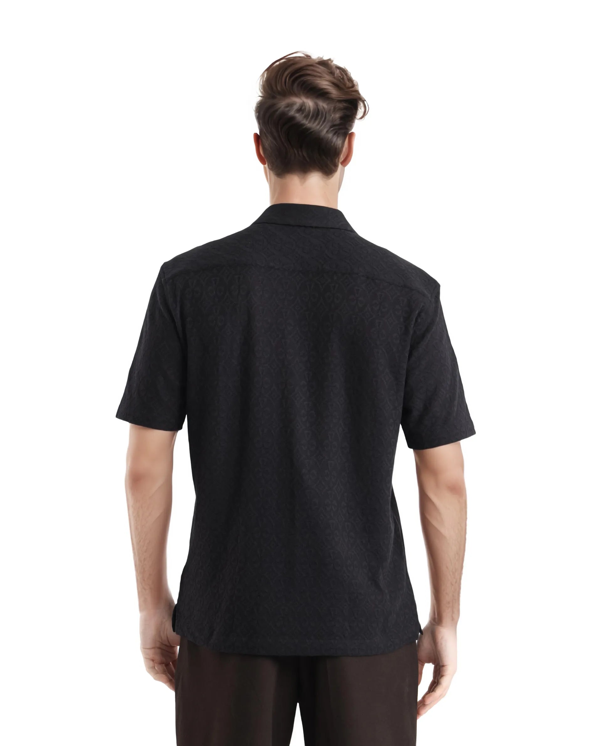 Rare Rabbit Men Accra Black Cotton Poly Blend Fabric Cuban Collar Short Sleeve Boxy Fit Shirt