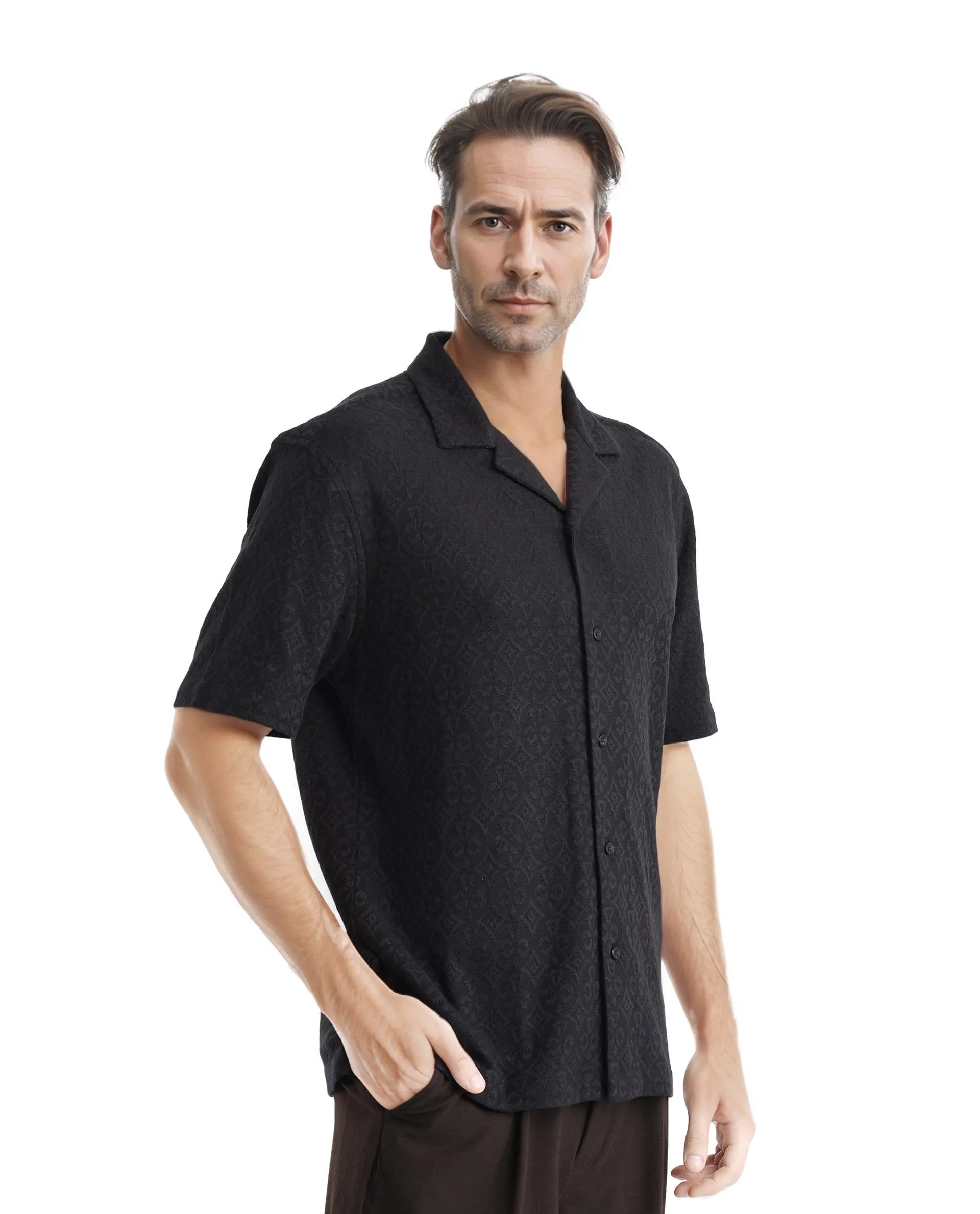 Rare Rabbit Men Accra Black Cotton Poly Blend Fabric Cuban Collar Short Sleeve Boxy Fit Shirt