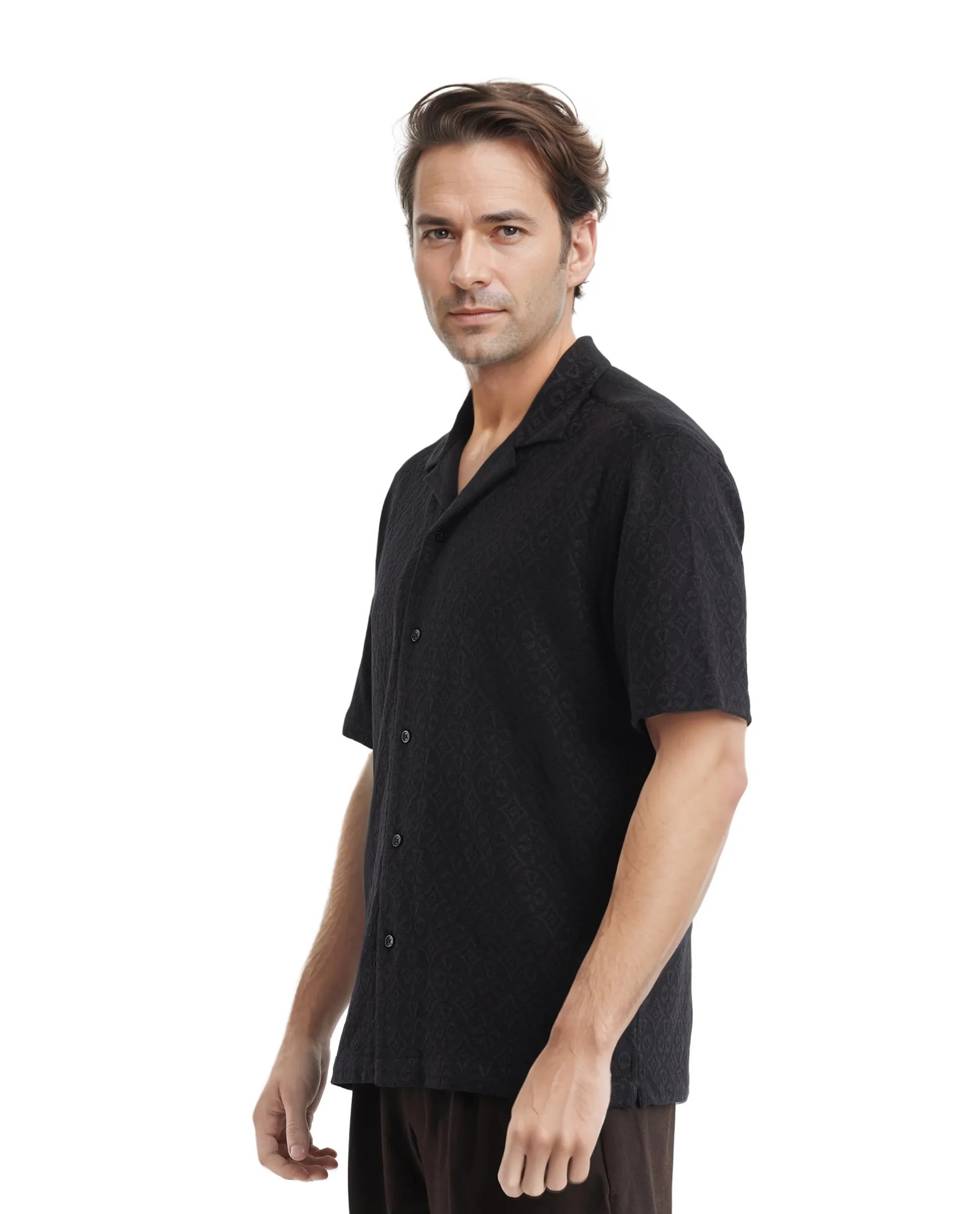 Rare Rabbit Men Accra Black Cotton Poly Blend Fabric Cuban Collar Short Sleeve Boxy Fit Shirt