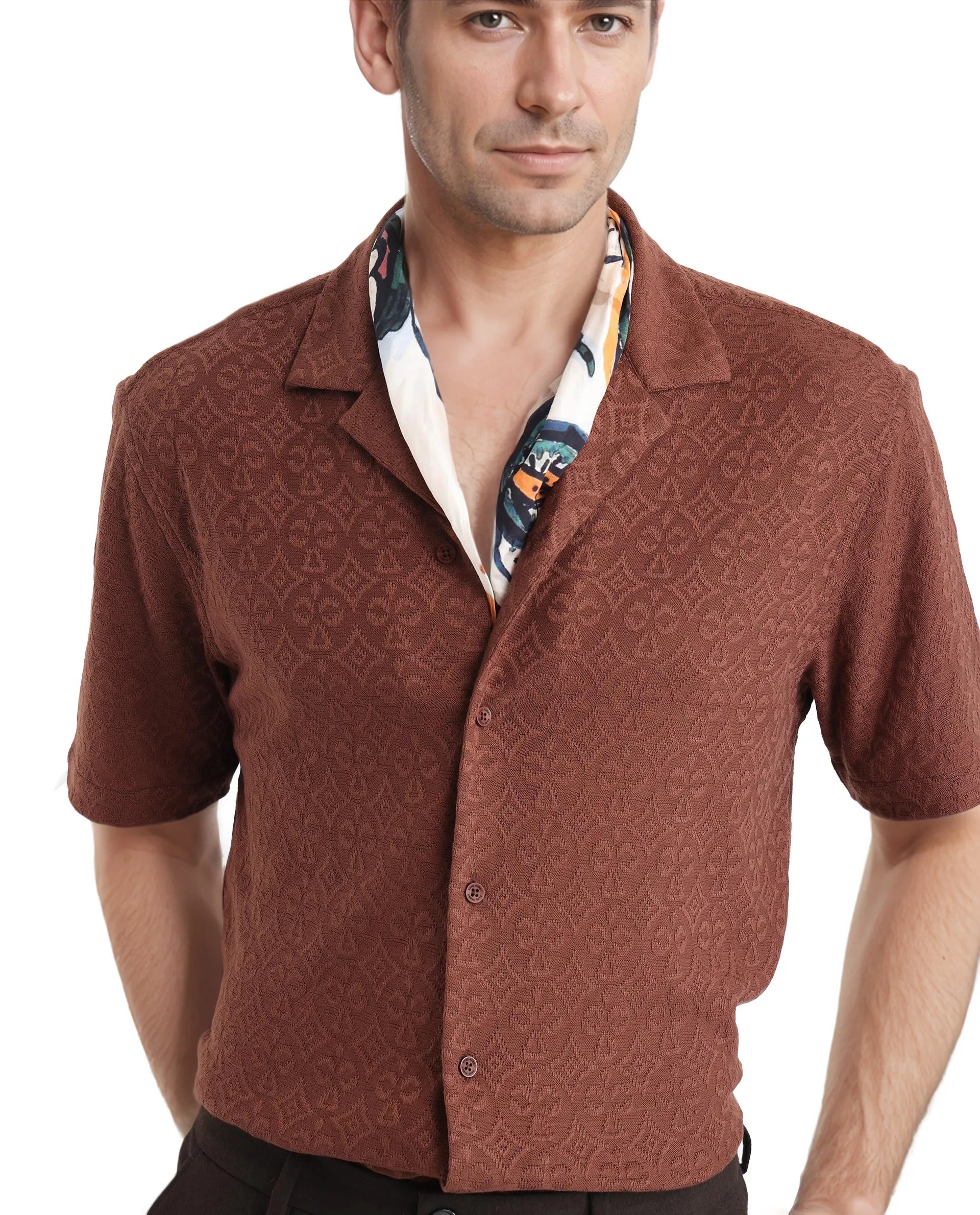 Rare Rabbit Men Accra Dark Brown Cotton Poly Blend Fabric Cuban Collar Short Sleeve Boxy Fit Shirt