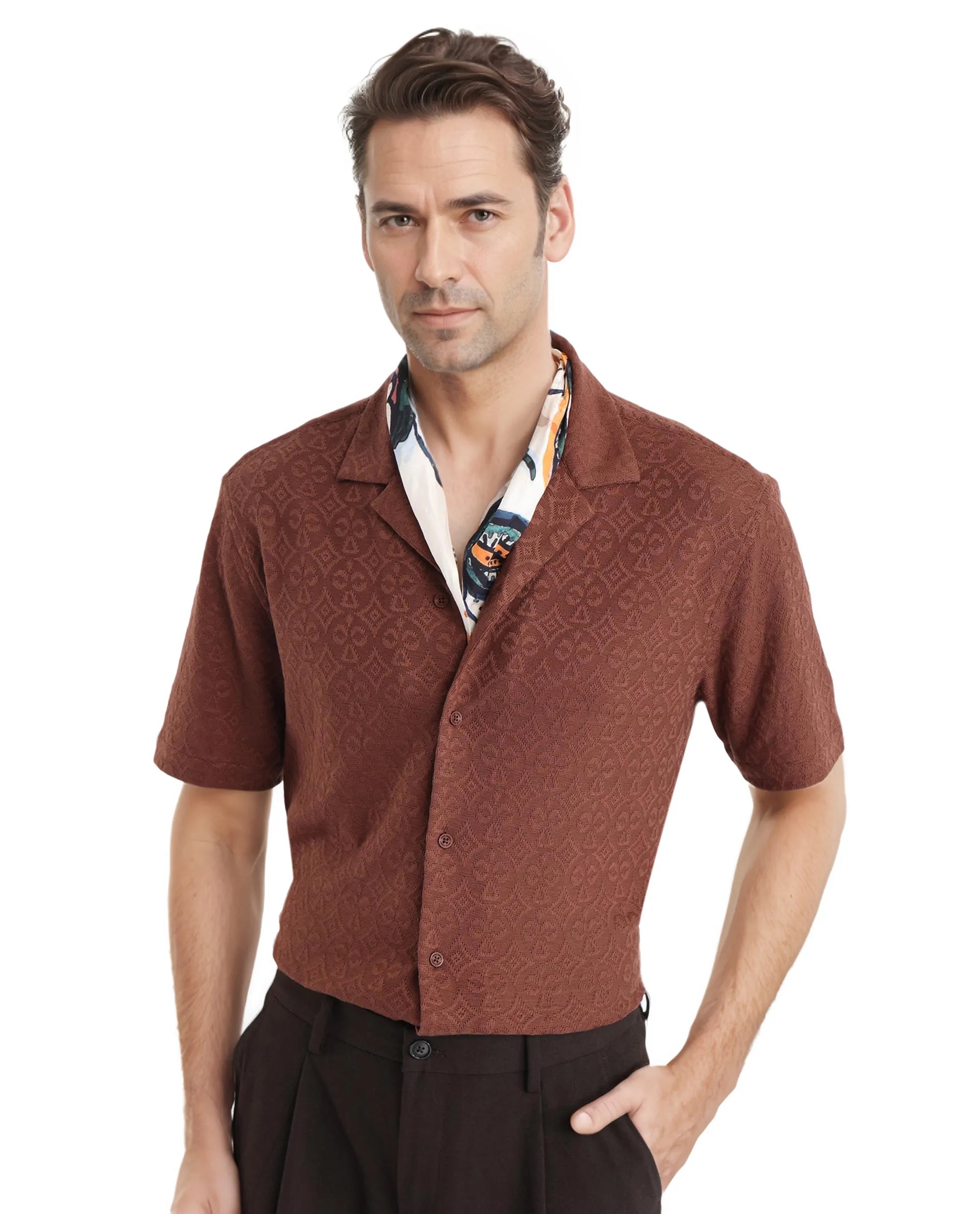 Rare Rabbit Men Accra Dark Brown Cotton Poly Blend Fabric Cuban Collar Short Sleeve Boxy Fit Shirt