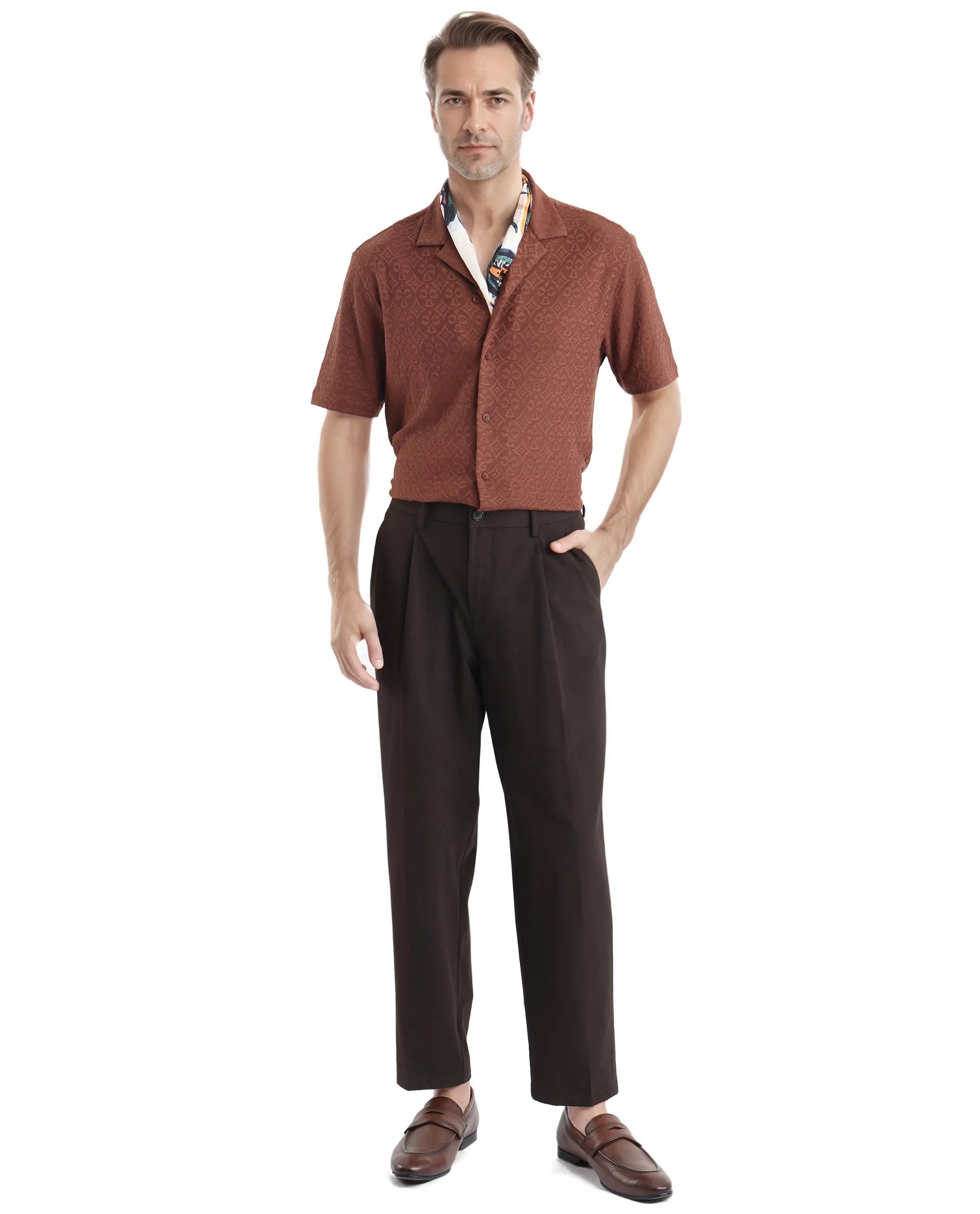 Rare Rabbit Men Accra Dark Brown Cotton Poly Blend Fabric Cuban Collar Short Sleeve Boxy Fit Shirt