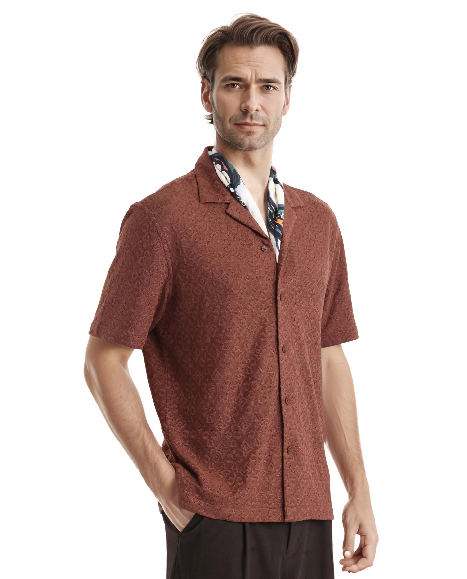 Rare Rabbit Men Accra Dark Brown Cotton Poly Blend Fabric Cuban Collar Short Sleeve Boxy Fit Shirt