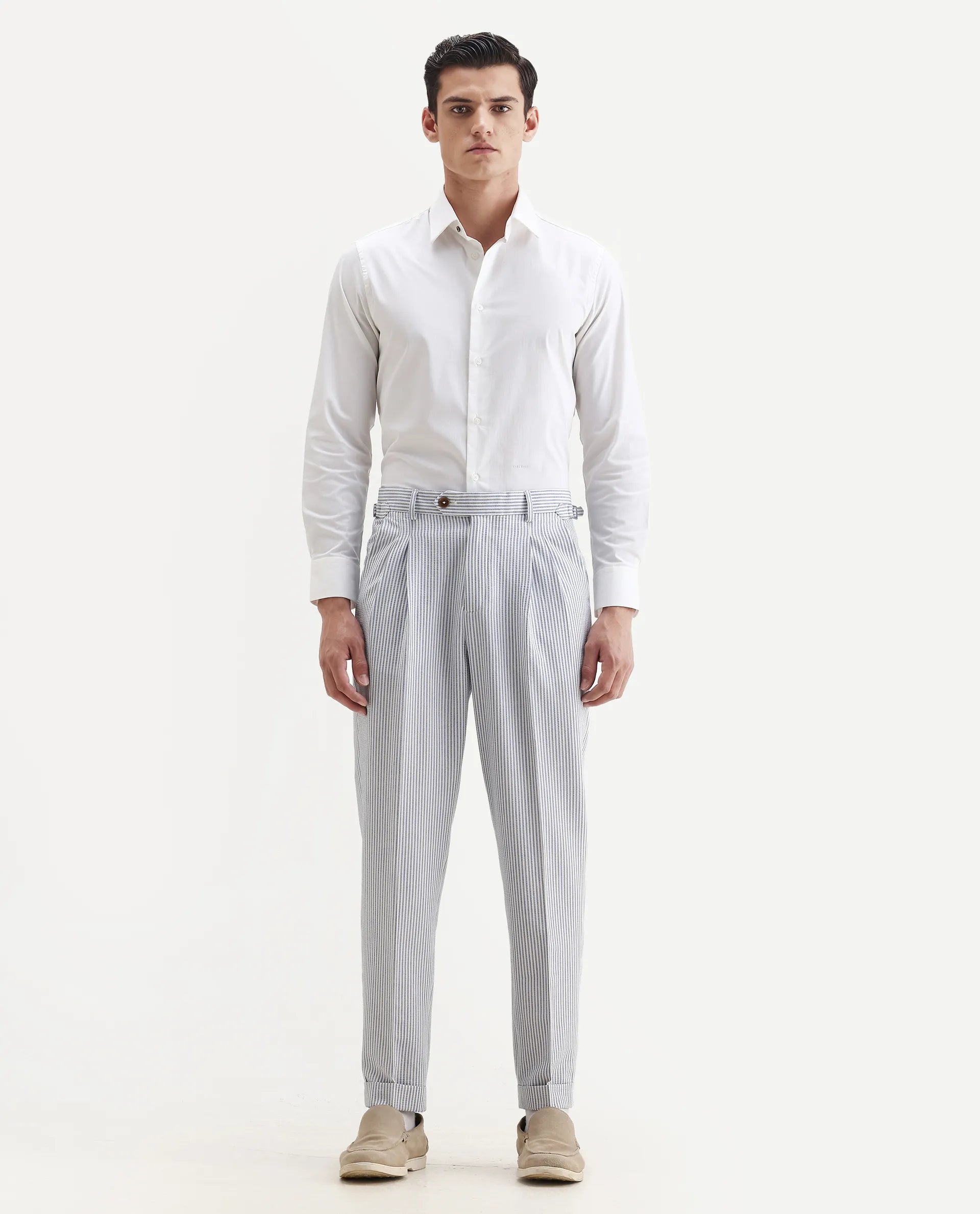 Rare Rabbit Men's Ace Light Blue Polyester Blend Striped Print Relaxed Fit Trouser