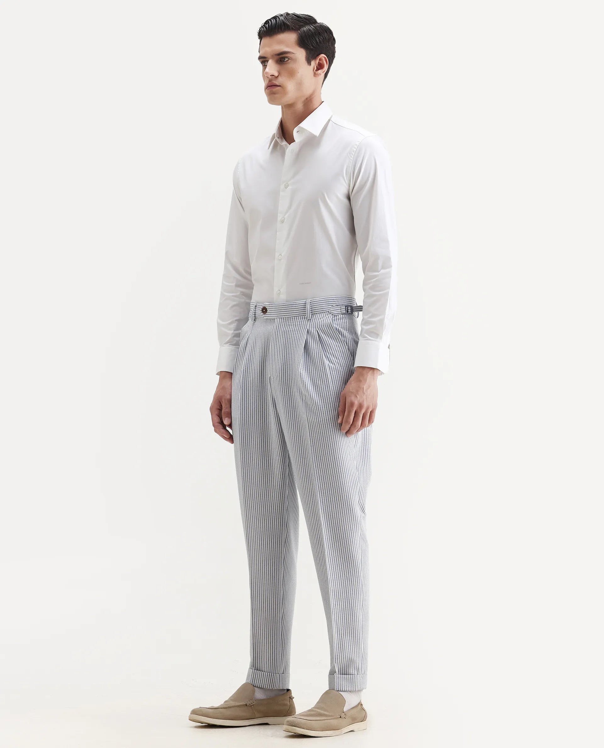 Rare Rabbit Men's Ace Light Blue Polyester Blend Striped Print Relaxed Fit Trouser