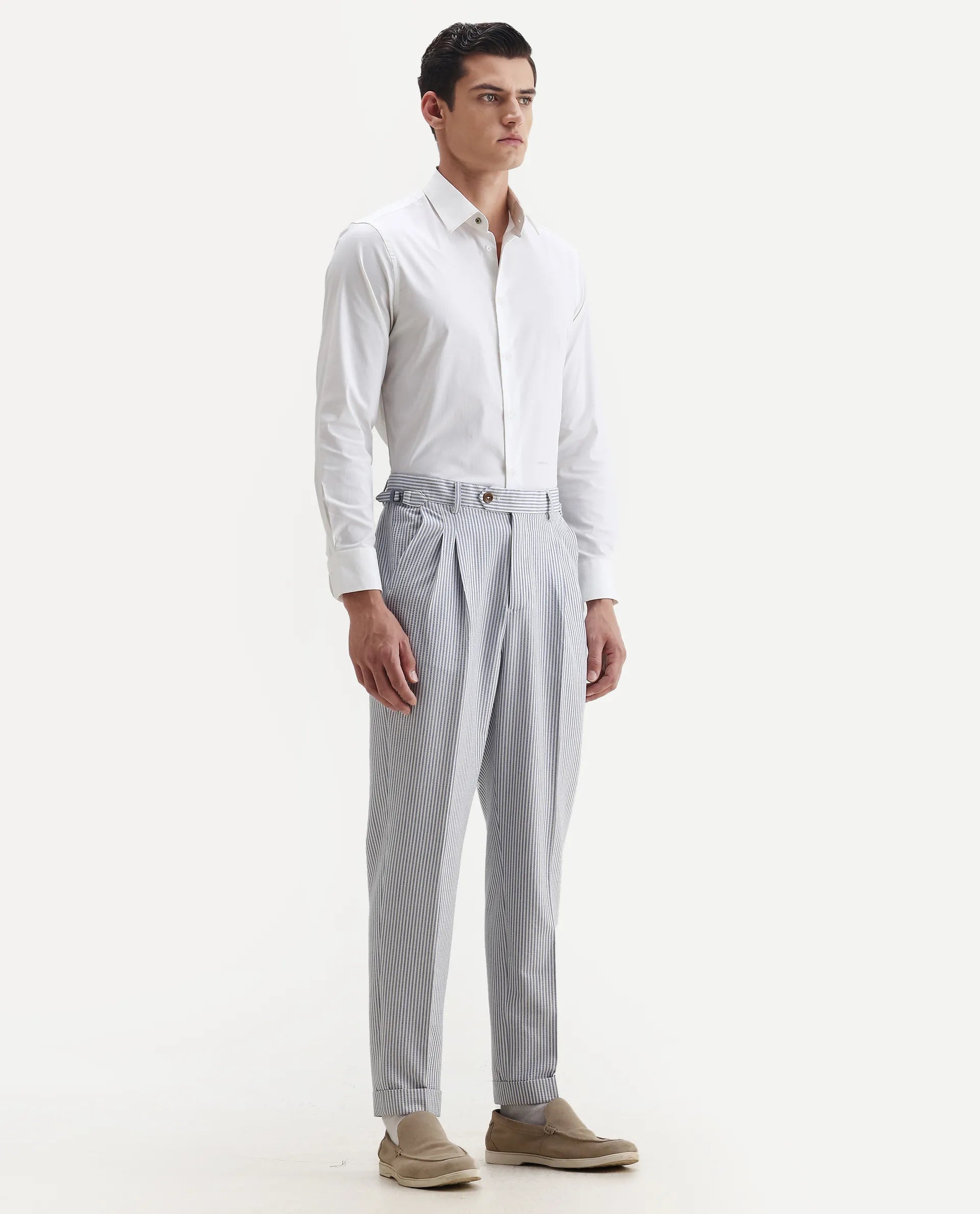 Rare Rabbit Men's Ace Light Blue Polyester Blend Striped Print Relaxed Fit Trouser