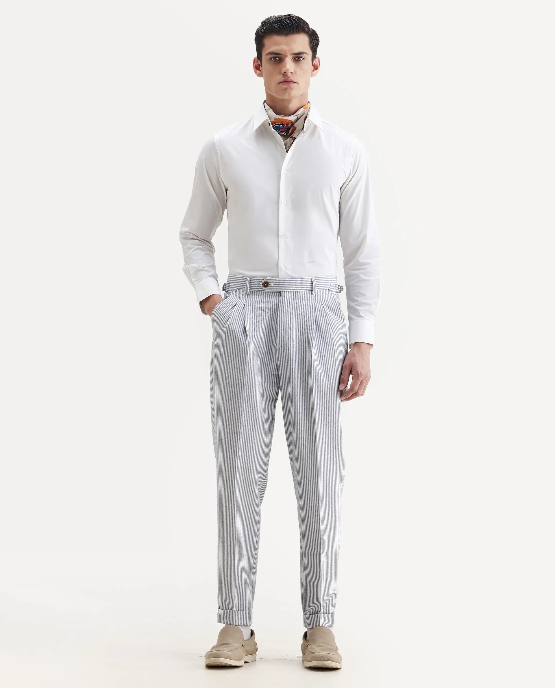 Rare Rabbit Men's Ace Light Blue Polyester Blend Striped Print Relaxed Fit Trouser