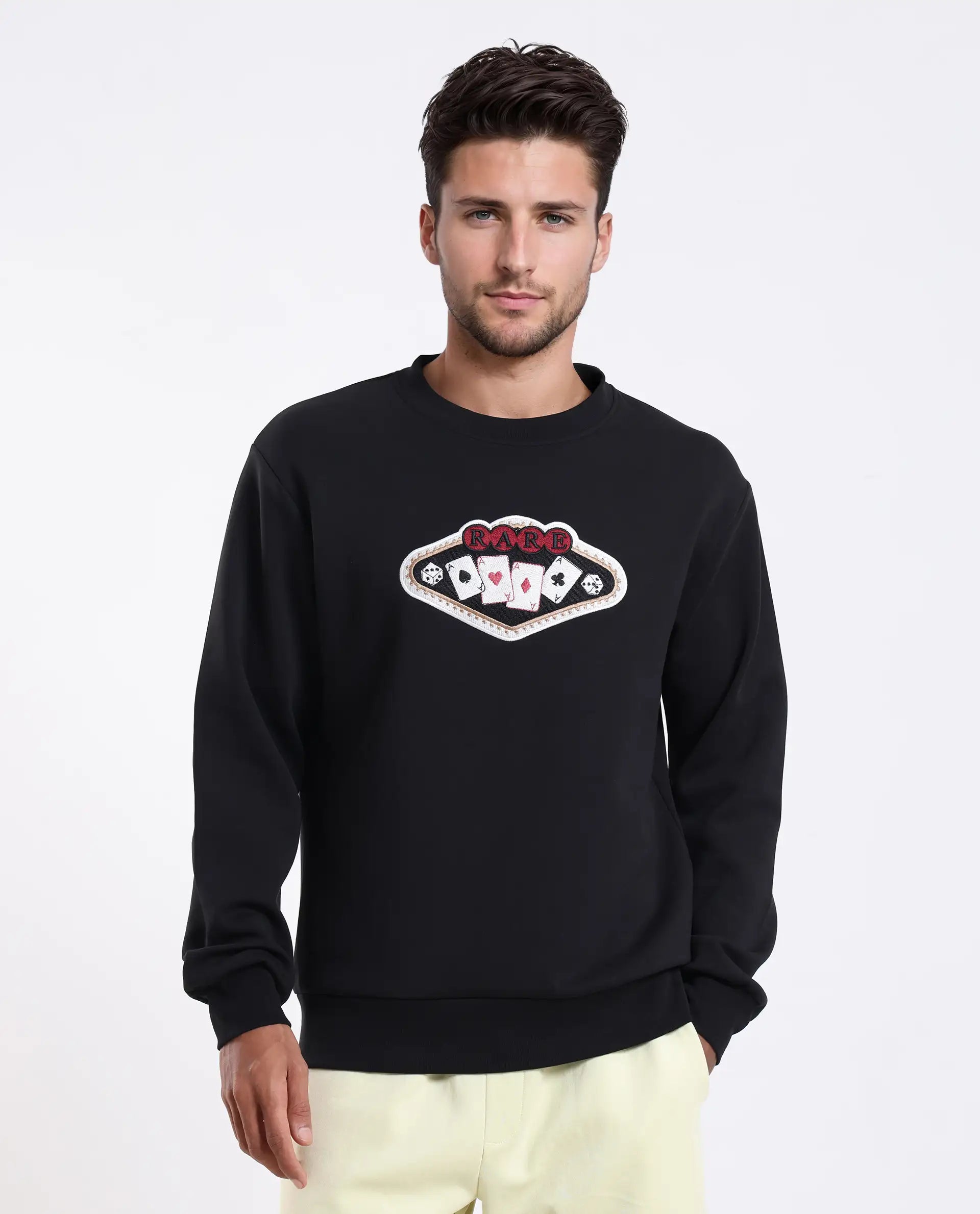 Rare Rabbit Men's Acer Black Cotton Blend Embroidered Relaxed Fit Full Sleeve Crew Neck Sweatshirt