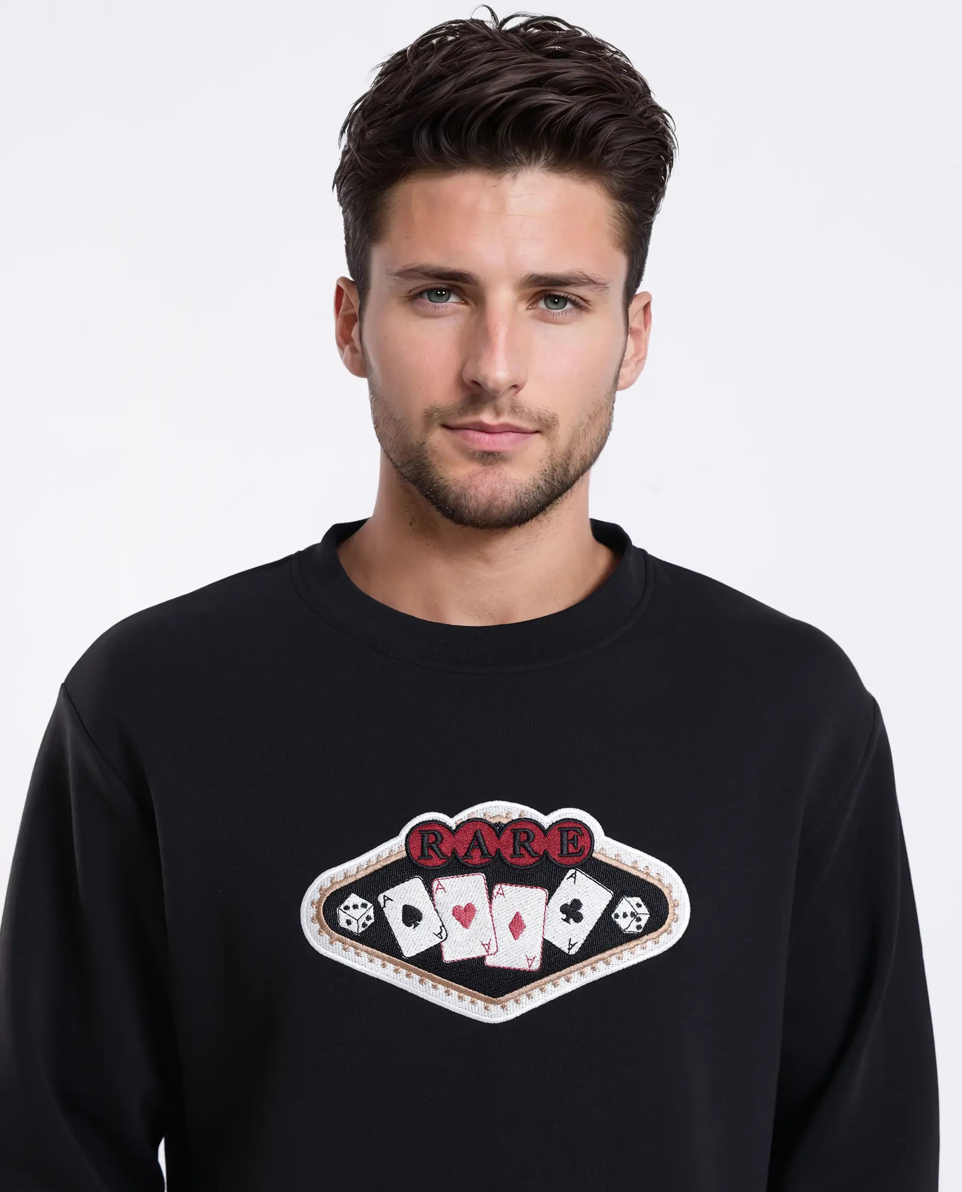 Rare Rabbit Men's Acer Black Cotton Blend Embroidered Relaxed Fit Full Sleeve Crew Neck Sweatshirt