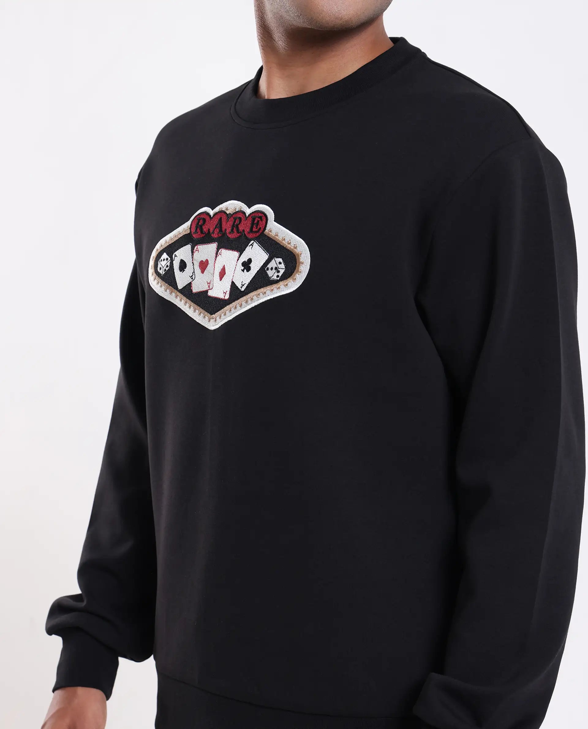 Rare Rabbit Men's Acer Black Cotton Blend Embroidered Relaxed Fit Full Sleeve Crew Neck Sweatshirt