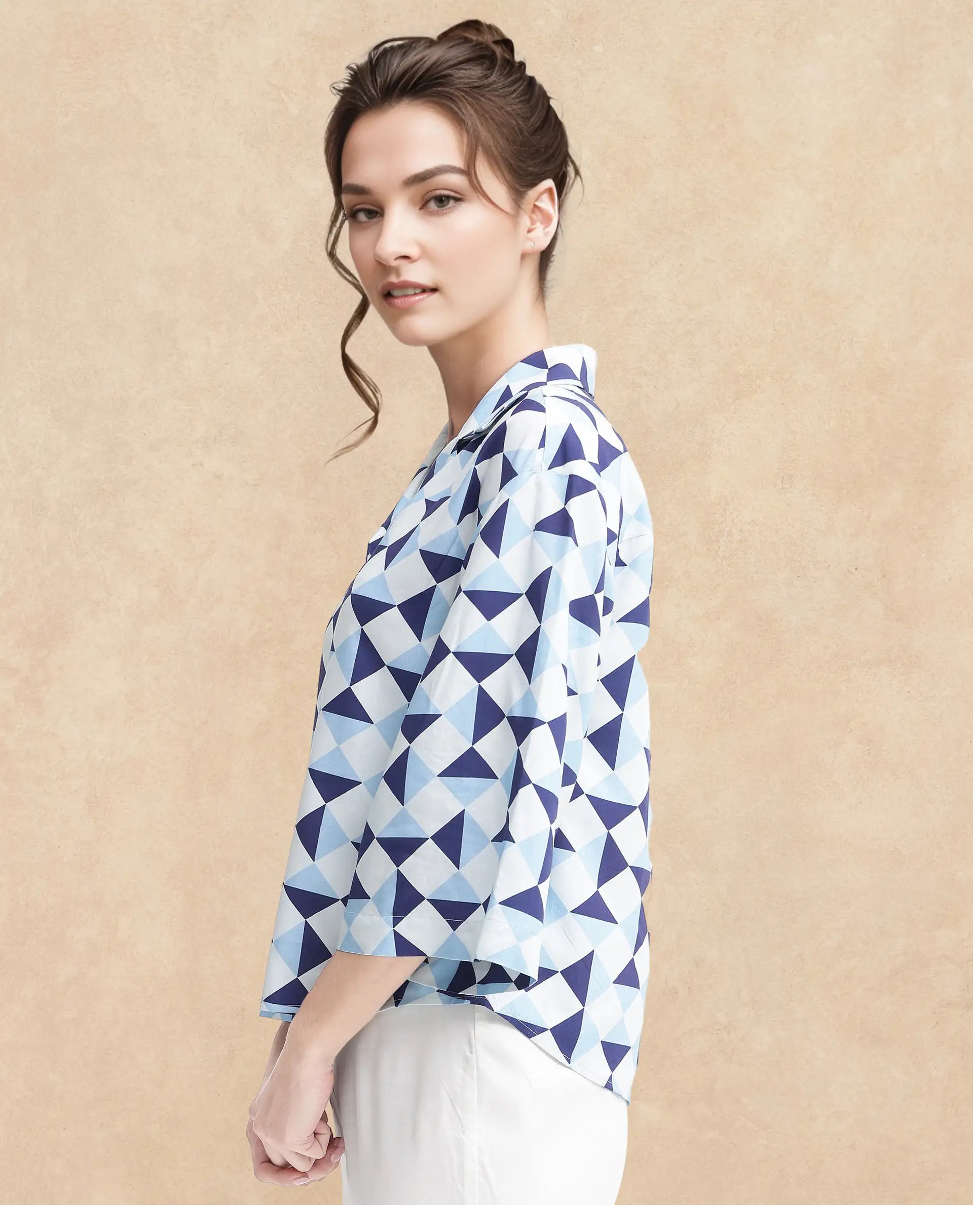 Rareism Women Acerra-SC Blue 3/4Th Sleeve Collared Neck Button Closure Geometric Print Shirt