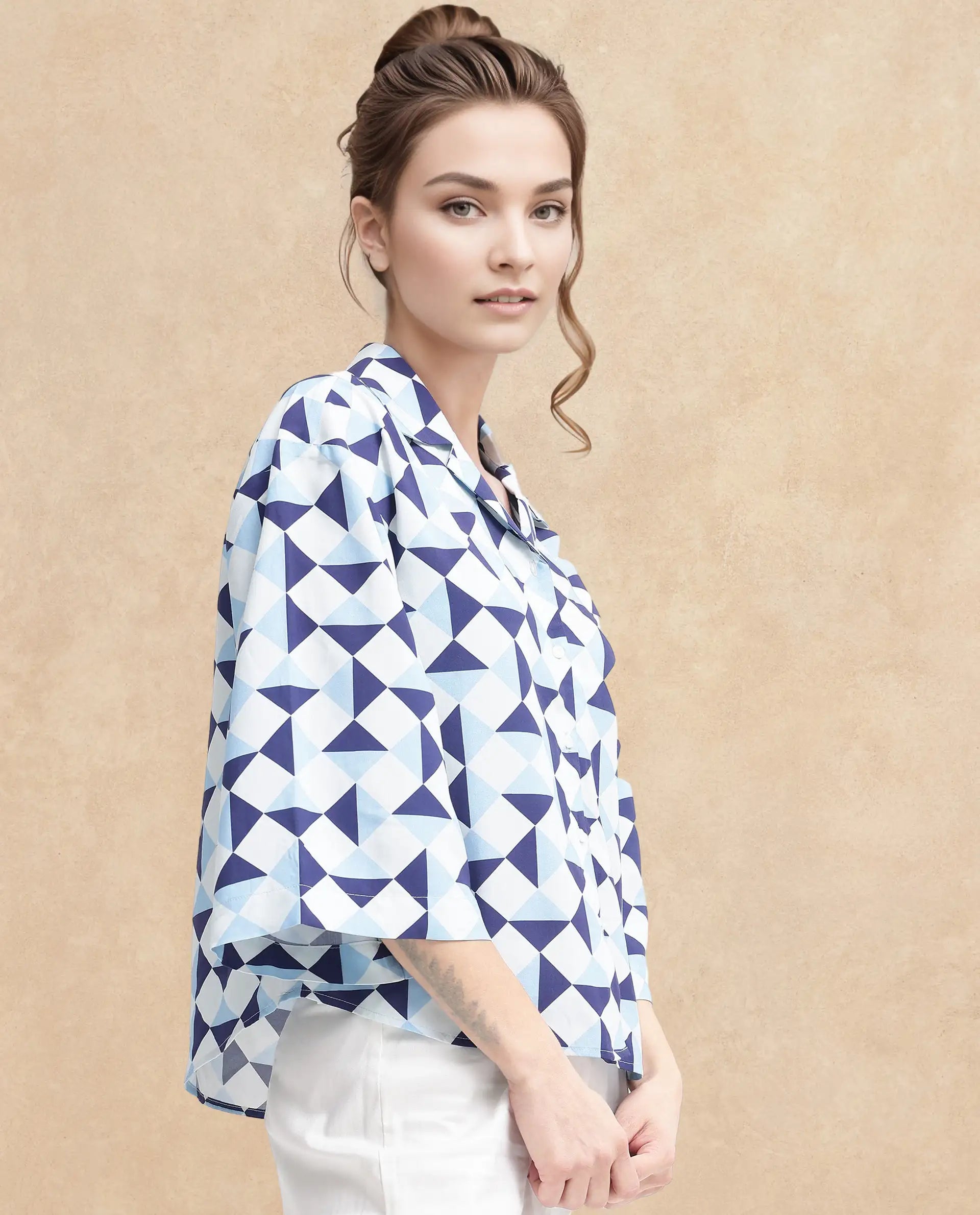 Rareism Women Acerra-SC Blue 3/4Th Sleeve Collared Neck Button Closure Geometric Print Shirt