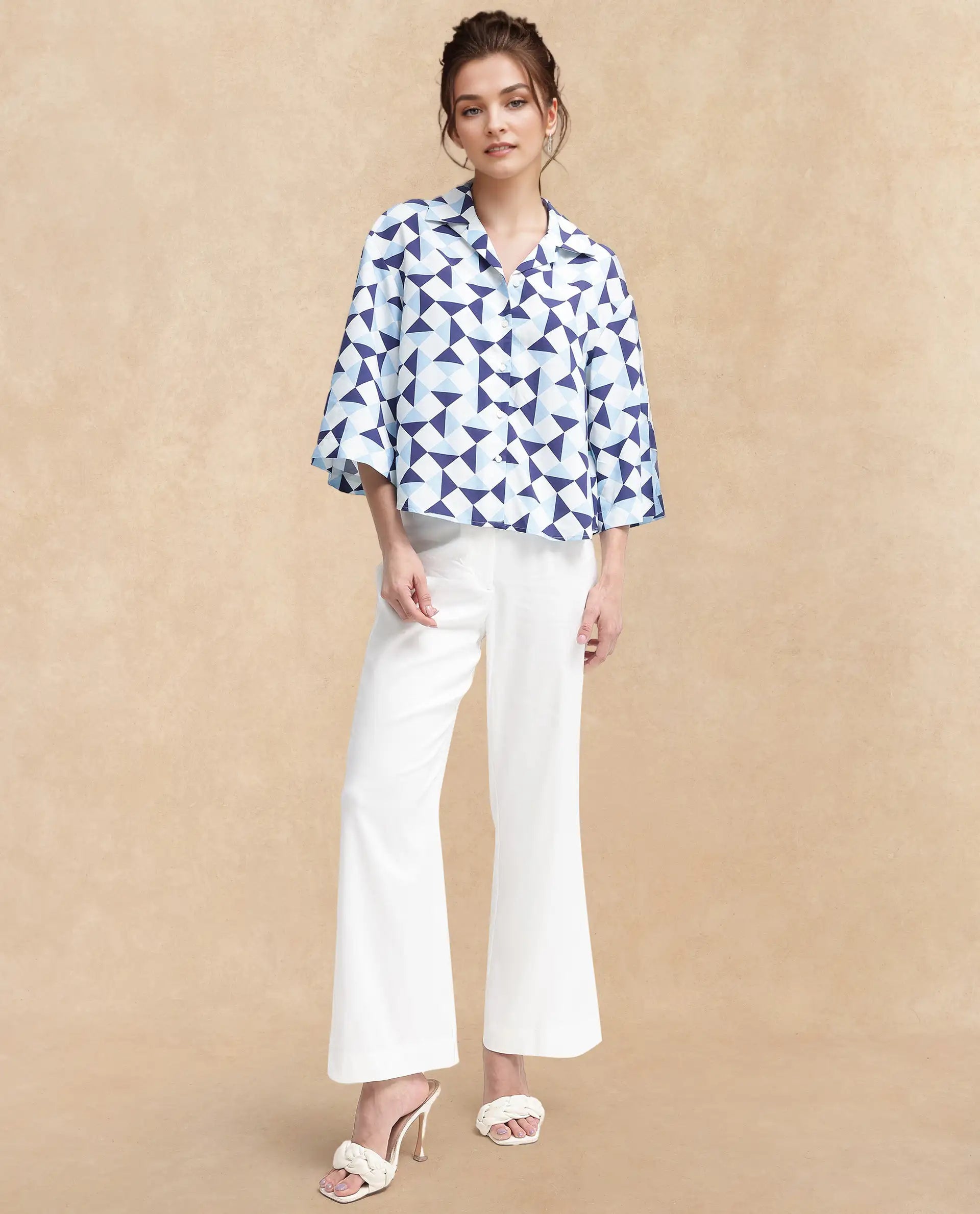 Rareism Women Acerra-SC Blue 3/4Th Sleeve Collared Neck Button Closure Geometric Print Shirt