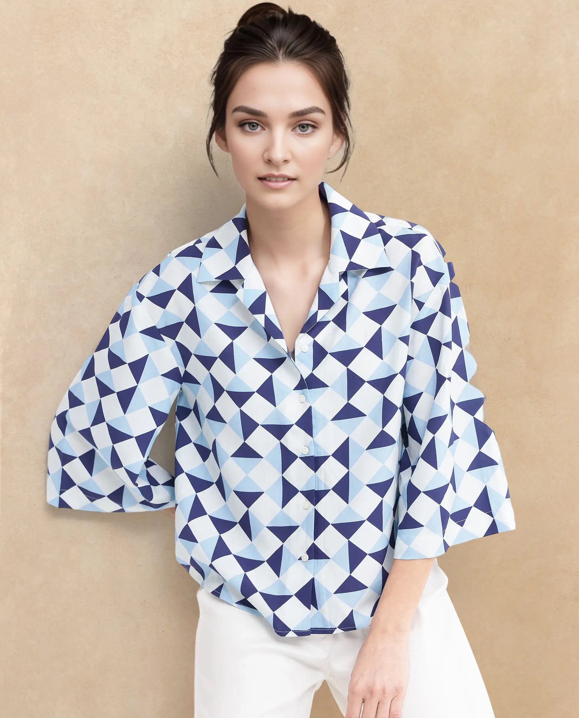 Rareism Women Acerra-SC Blue 3/4Th Sleeve Collared Neck Button Closure Geometric Print Shirt