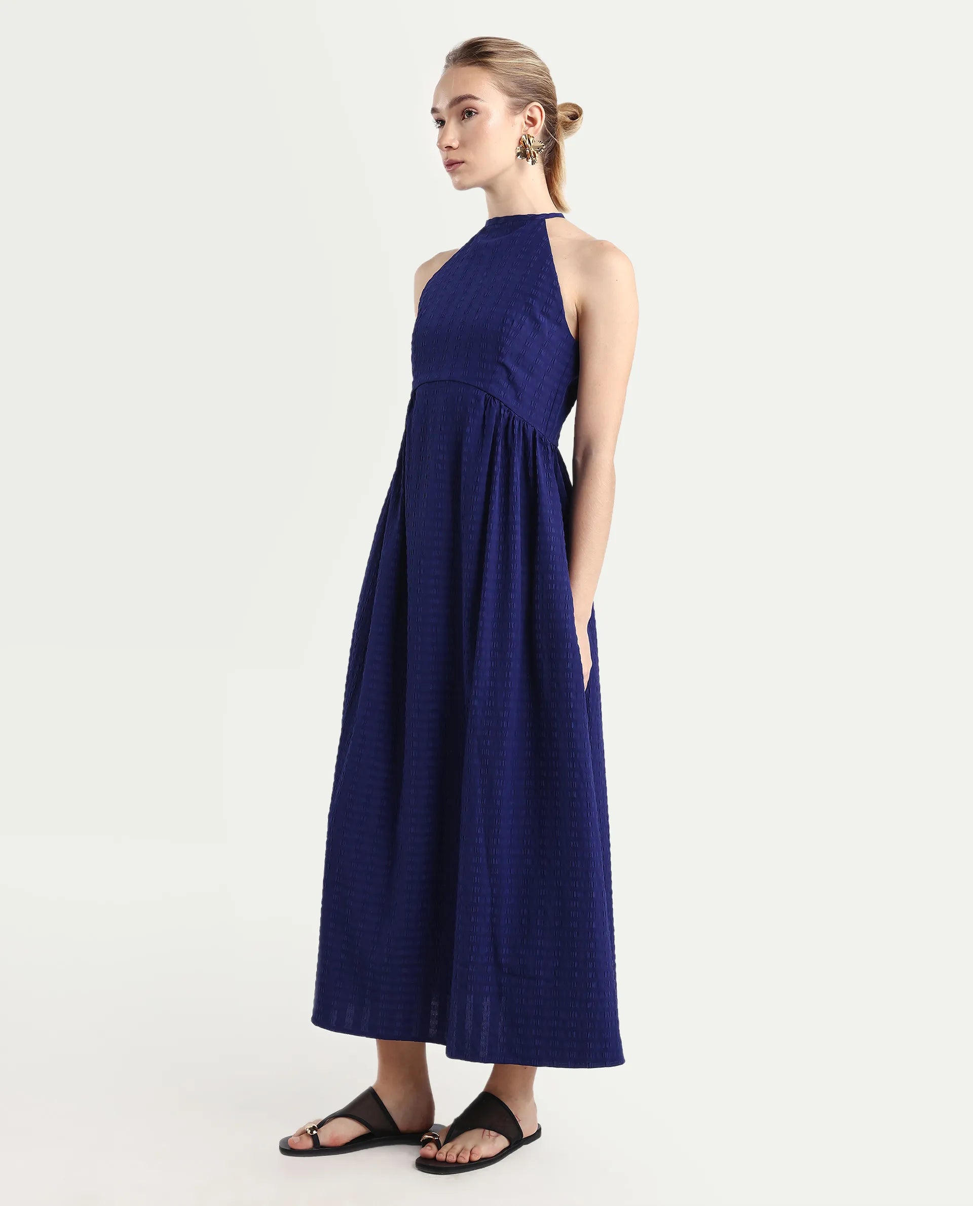 Rareism Women's Acina Blue Polyester Sleeveless Fit And Flare Plain Dress