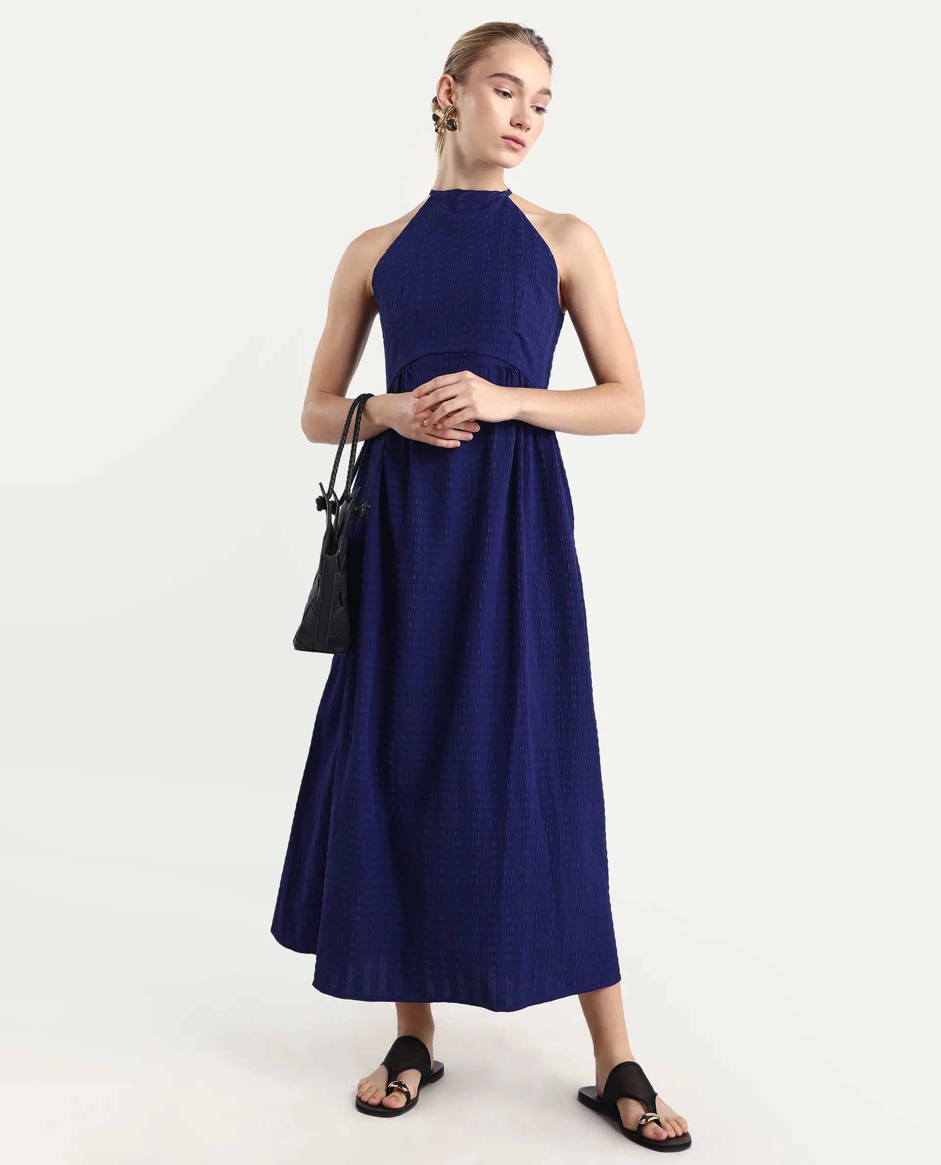 Rareism Women's Acina Blue Polyester Sleeveless Fit And Flare Plain Dress